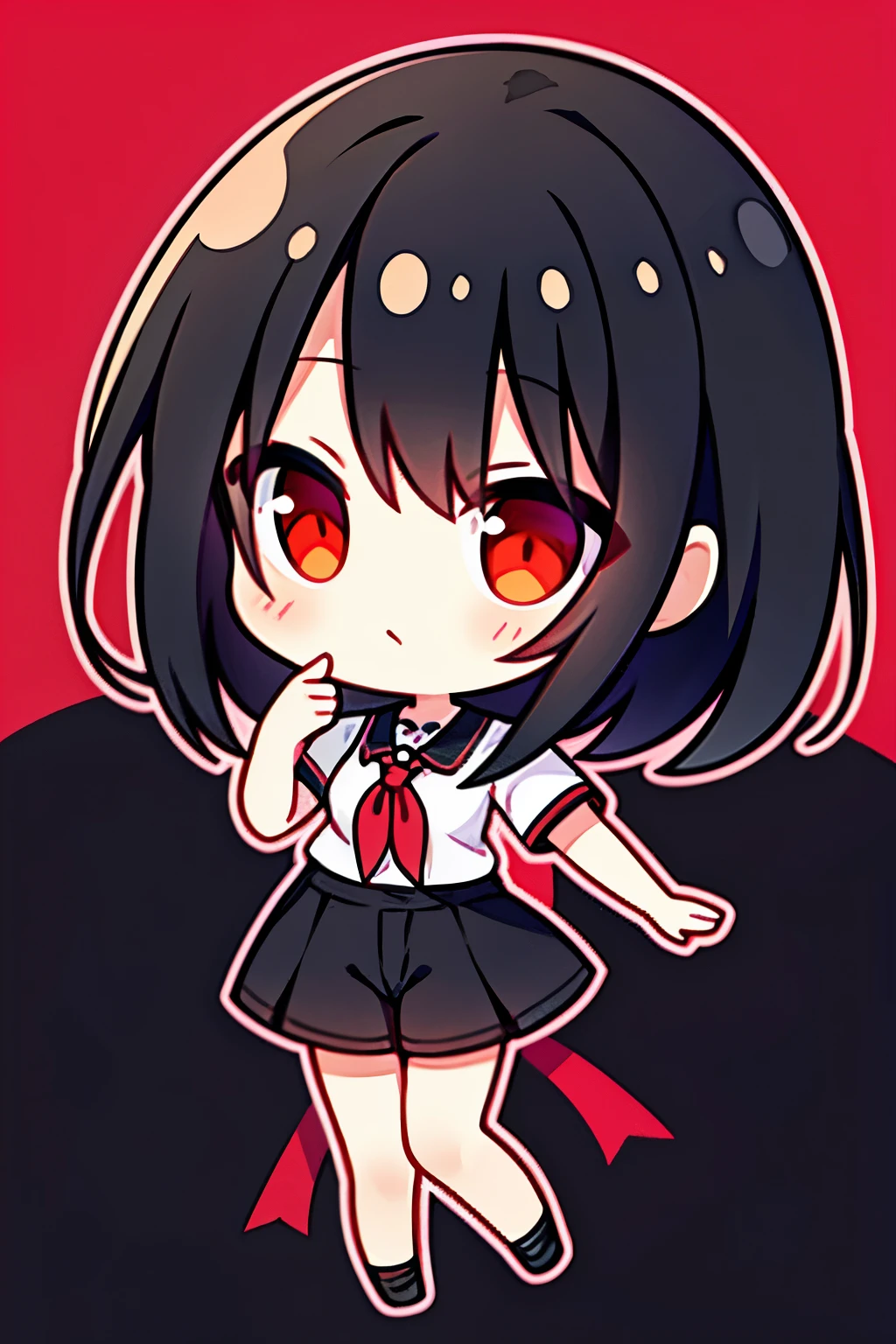 Girl,Black Hair,Red Eye,Short sleeve,trousers,Sports flats,Full body portrait,Standing,Q version villain