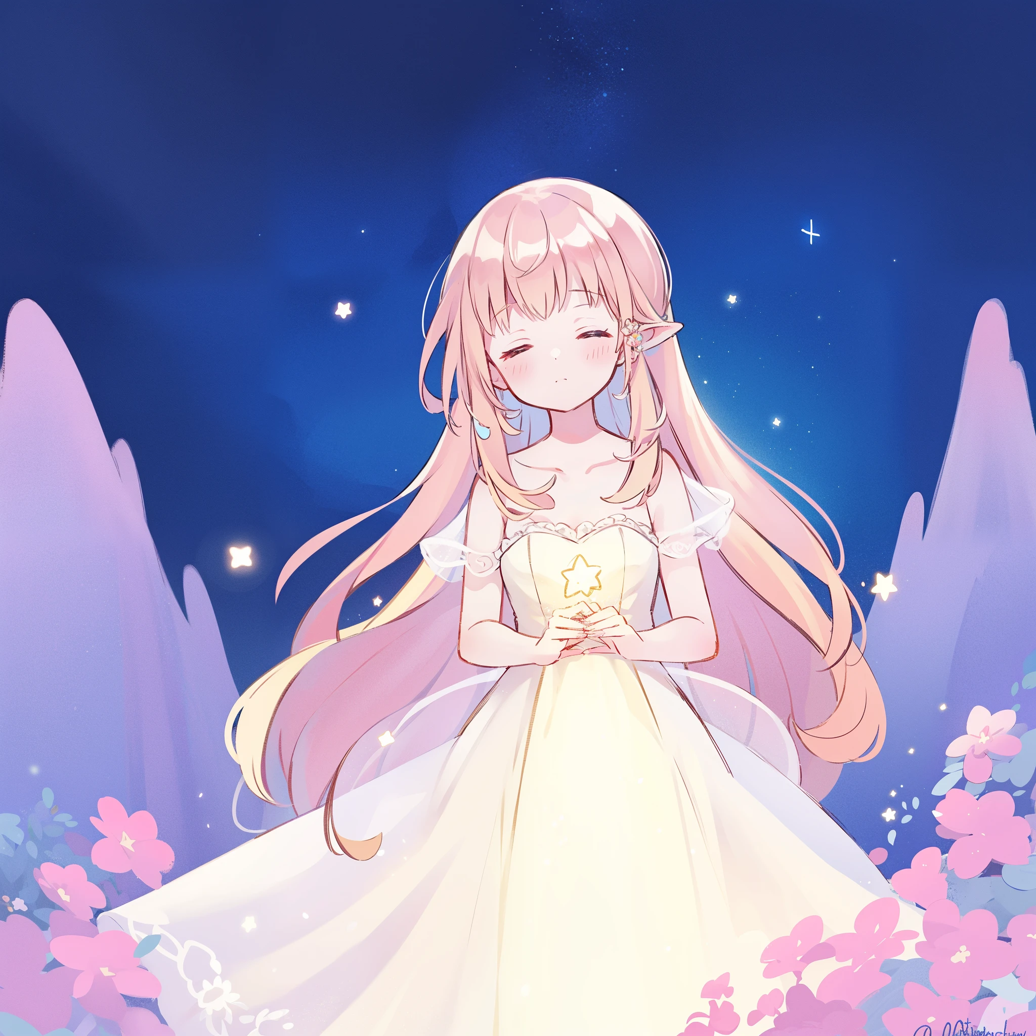 complex background, wishing star background, a woman wearing an ethereal mystical pink translucent dress that reflects the stars, dreamy, peaceful, serene composition, glowing stars, glowing, complex drawing, highly detailed, ethereal, starry night, midjourney style