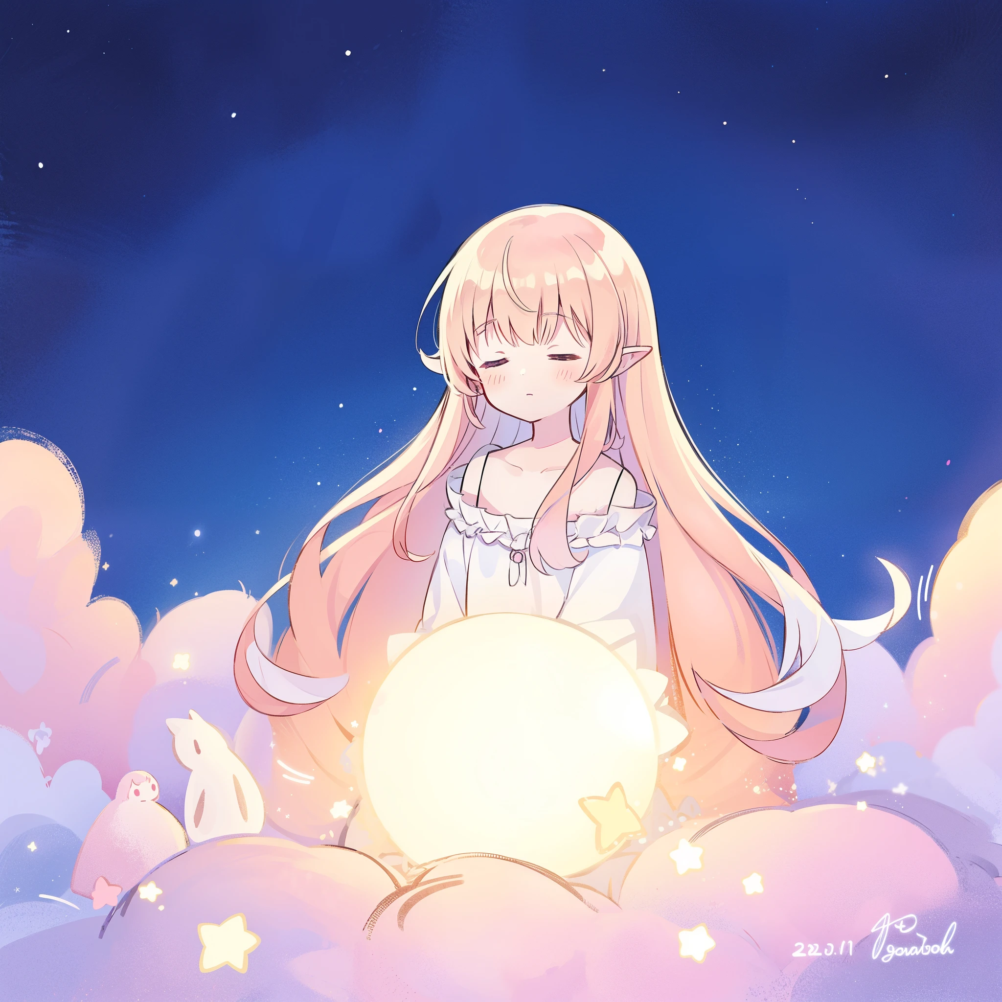 complex background, wishing star background, a woman wearing an ethereal mystical pink translucent dress that reflects the stars, dreamy, peaceful, serene composition, glowing stars, glowing, complex drawing, highly detailed, ethereal, starry night, midjourney style