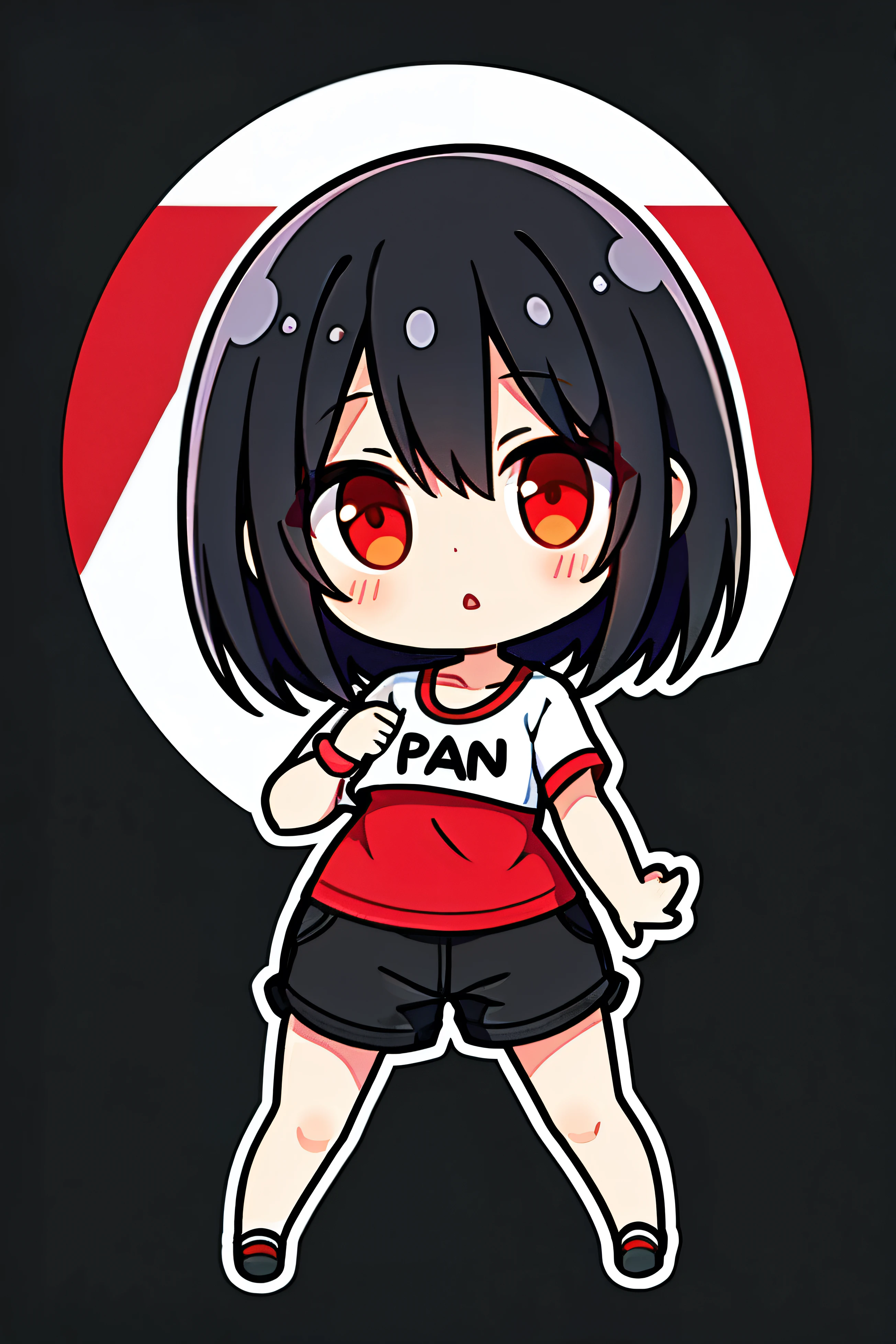 
Girl，Black Hair，Red Eye，Short sleeve，trousers，Sports flats，Full body portrait，Standing，Q version villain，White background