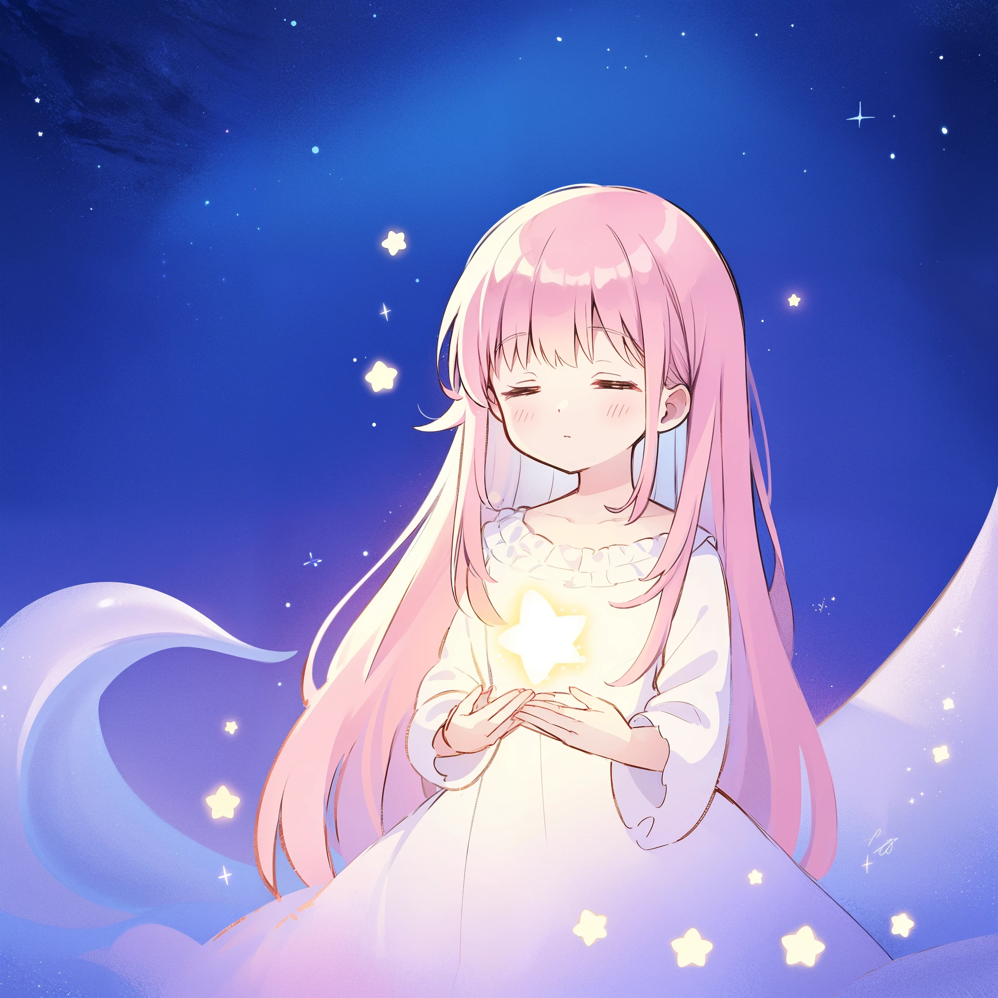 complex background, wishing star background, a woman wearing an ethereal mystical pink translucent dress that reflects the stars, dreamy, peaceful, serene composition, glowing stars, glowing, complex drawing, highly detailed, ethereal, starry night, midjourney style