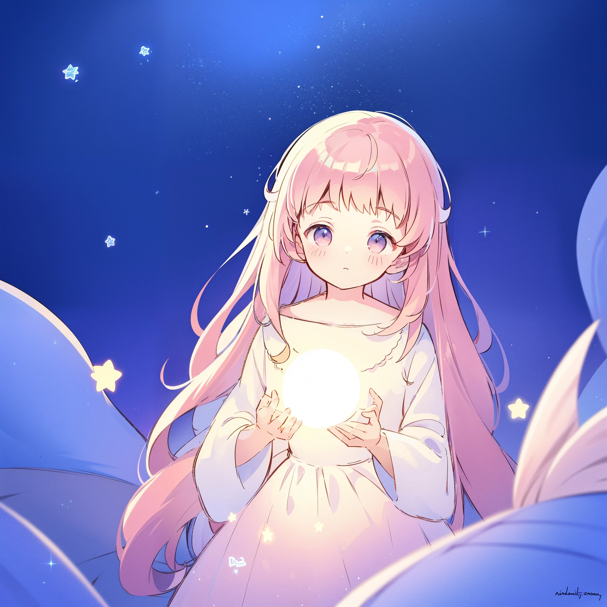 complex background, wishing star background, a woman wearing an ethereal mystical pink translucent dress that reflects the stars, dreamy, peaceful, serene composition, glowing stars, glowing, complex drawing, highly detailed, ethereal, starry night, midjourney style