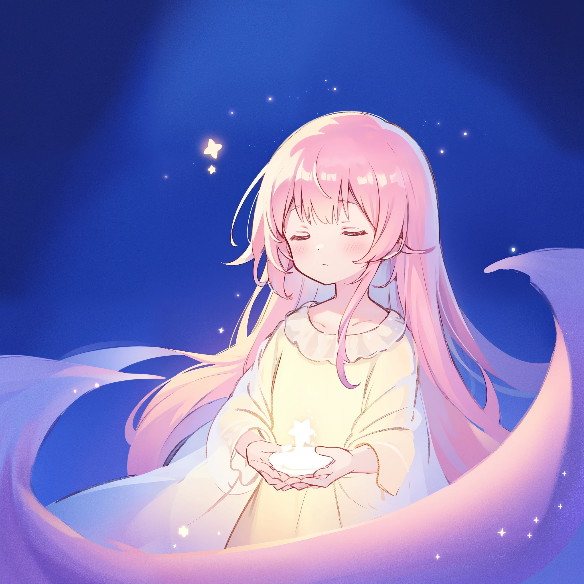 complex background, wishing star background, a woman wearing an ethereal mystical pink translucent dress that reflects the stars, dreamy, peaceful, serene composition, glowing stars, glowing, complex drawing, highly detailed, ethereal, starry night, midjourney style