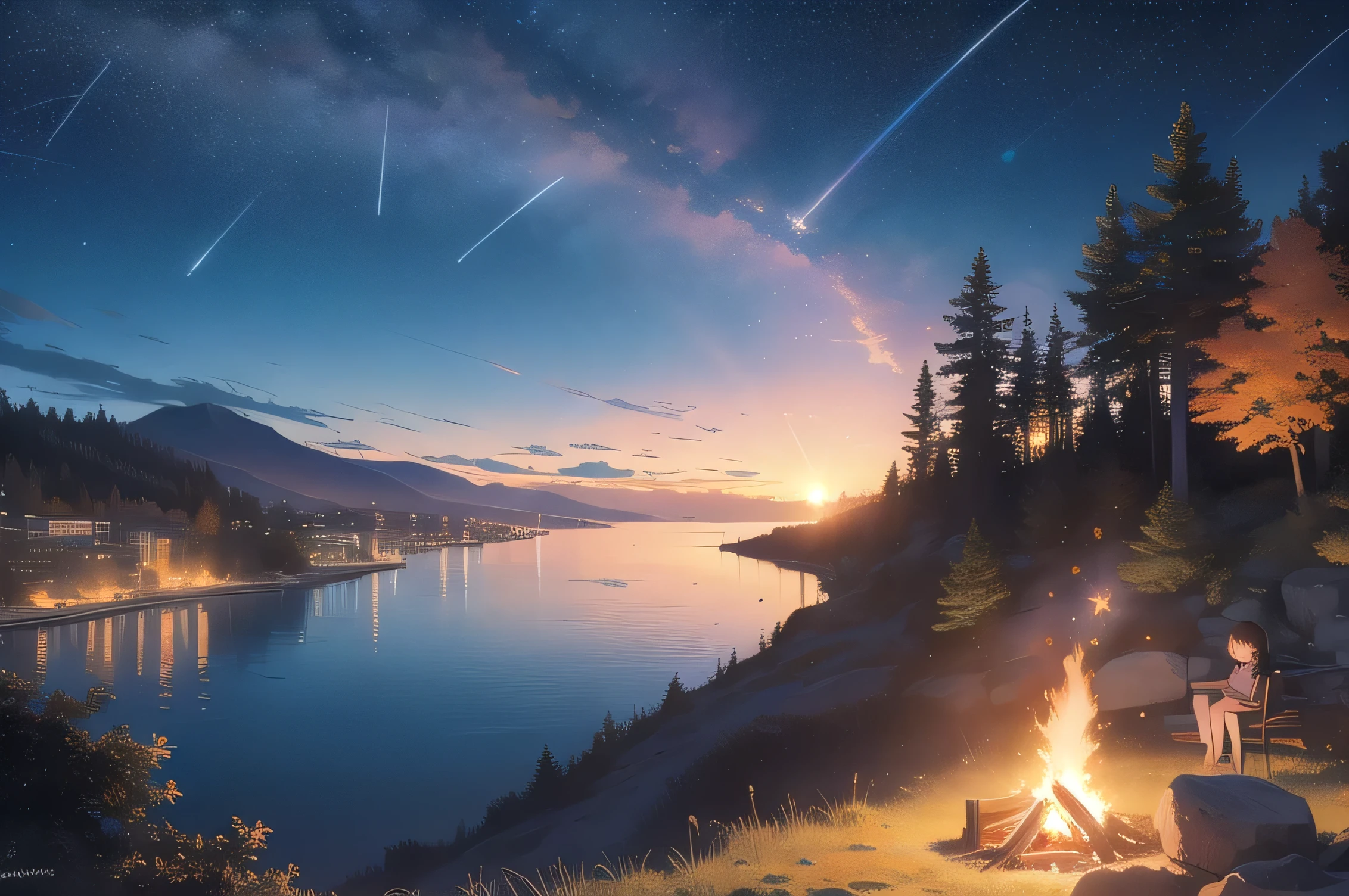 (masterpiece:1.3), (Absurd:1.3), (highest quality:1.3), (Super detailed:1.3), One girl, autumn, autumn leaves, building, combustion, campfire, city, city lights, cityscape, cloud, cloudy null, Diffraction Spikes, evening, evening, fire, fireplace, inflammation, gradient null, Grass, hill, horizon, Lens flare, Maple Leaf, lava, Mountain, Mountainous horizon, nature, No humans, Ocean, orange null, Orange Theme, Outdoor, palm wood, Power lines, purple null, red null, scenery, shooting star, null, star \(null\), starry null, sun, sunlight, sunrise, sunset, wood, Twilight, Electric pole, water, yellow null