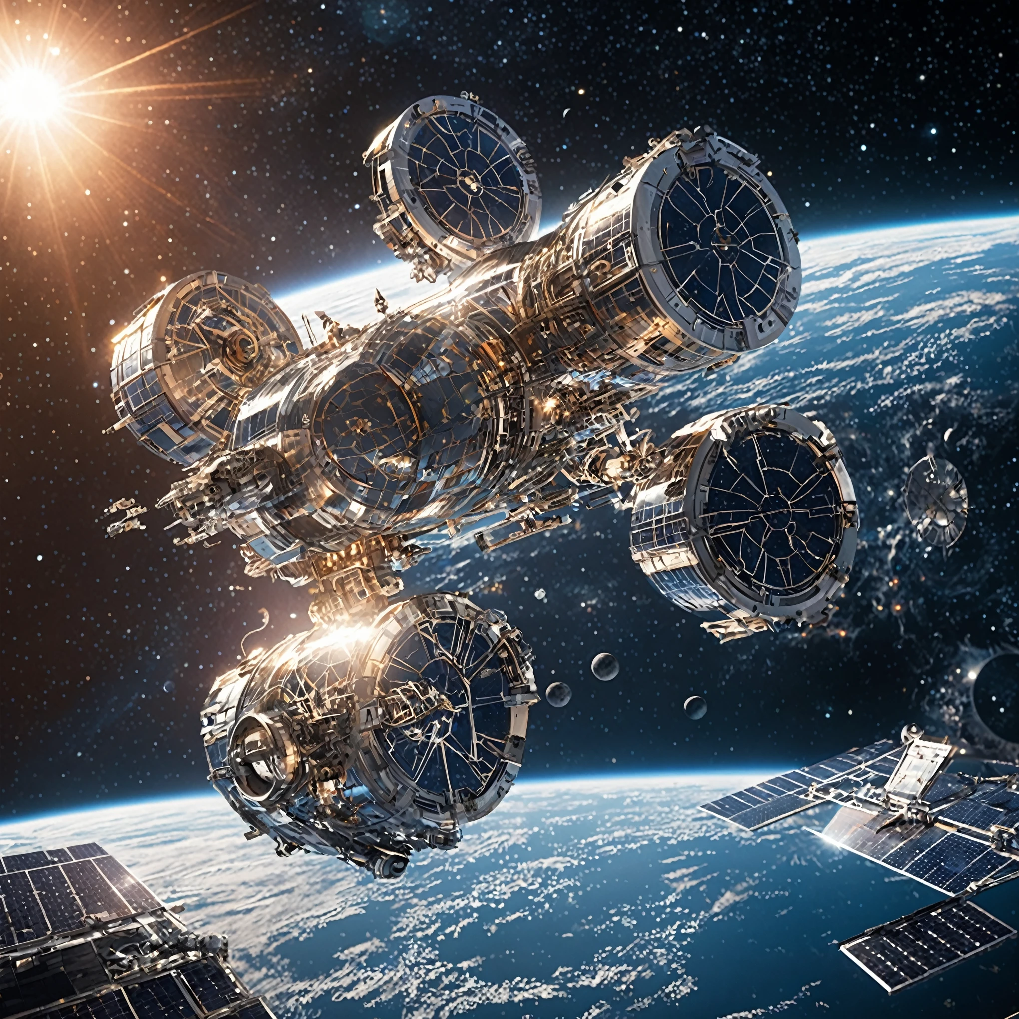 cinematic photo of (masterpiece, high resolution, detailed:1.2), a futuristic space station floating in the cosmos, intricate (metallic structures:1.2) reaching towards the stars, (glistening solar panels:1.1) reflecting the distant sun, (vast darkness:1.1) surrounding the station, (advanced technology:1.2) visible in every detail, (futuristic design:1.1) blending with the cosmic backdrop, a blend of (science fiction and reality:1.2) in this captivating space scene, 35mm photograph, film, bokeh, professional, 4k, highly detailed
