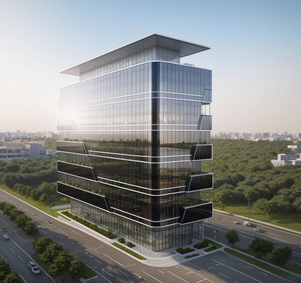 (masterpiece, best quality:1.2), rendering of a modern office building ,hotel, office building ,city landscape, white wall,  black glass window