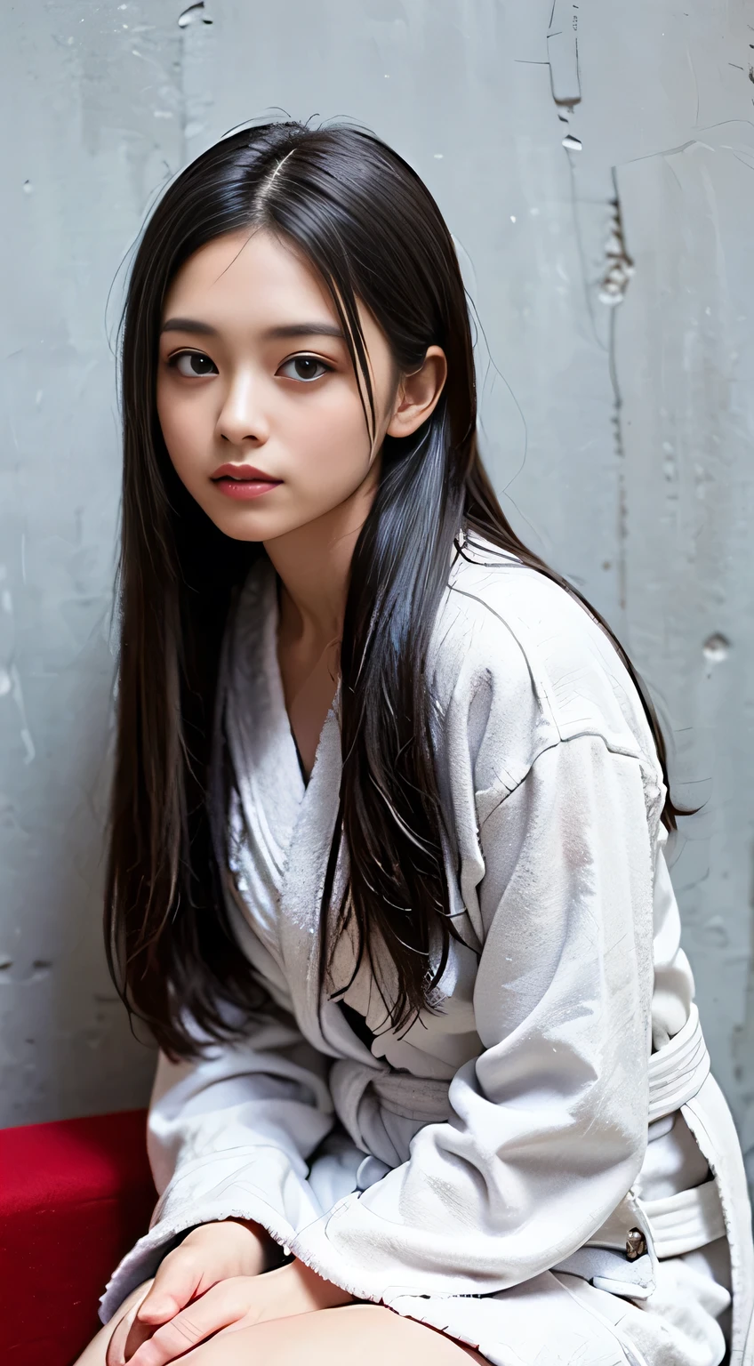(Tabletop, highest quality:1.4), Beautiful Face, 8k, 85mm, Absurd, ((night:1.5))、((Dark hotel bedroom))、((Sitting on the red sofa:1.4))、((Wearing a thick white bathrobe:1.4)), ((Cowboy Shot:1.5))、((Shooting from the front:1.4))、((16-year-old girl:1.4))、((udder of medium size,:1.4))、Cute Girl, alone,(((A woman with straight medium-long hair:1.5)))、Looking at the audience, Upper Body, Film Grain, chromatic aberration, Sharp focus, Face Light, Professional Lighting, Sophisticated, ((She looks at me with a confused look:1.4)), (Simple Background, Gray wall background:1.7), 