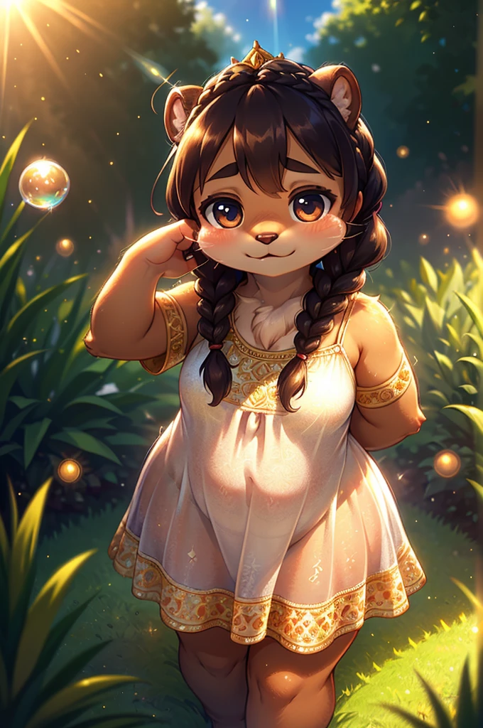 Bokeh , 1 hairy mature otter girl , Short stature , curvy , hige , realistic hairy fur , Round face, swollen cheeks, moist round eyes , (crown braid hair) , (relax see-through summer dress:0.9) , in the grass garden , sunlight , (flare:1.2) , (body line is visible:1.2), (Accurate light transmission calculations:1.5) , model action