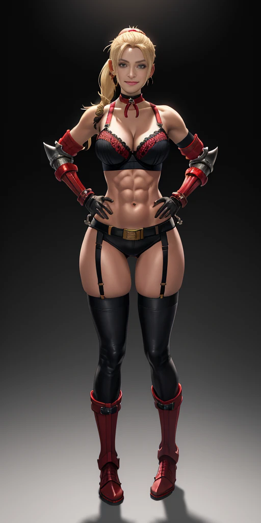 (Masterpiece, 4k, plain background:1.2) Female Cammy White Street Fighter red gloves gauntlets full body standing straight symmetrical feet together looking to the viewer RED full body armored, 2 crossing big belt under belly button, navel, abs, garter straps belts attaching bra big knockers, view from below, wide hips, thick thighs legs apart from below depth range, smile red cheeks, long messy hair ponytail, (handcuffs, shackles, rerebrace, faulds, poleyn, leather collar choker, high boots bootstraps, sleeves, stockings) ((hands on hips))