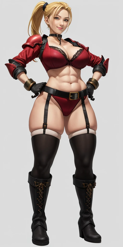 (Masterpiece, 4k, plain background:1.2) Female Cammy White Street Fighter red gloves gauntlets full body standing straight symmetrical feet together looking to the viewer RED full body armored, 2 crossing big belt under belly button, navel, abs, garter straps belts attaching bra big knockers, view from below, wide hips, thick thighs legs apart from below depth range, smile red cheeks, long messy hair ponytail, (handcuffs, shackles, rerebrace, faulds, poleyn, leather collar choker, high boots bootstraps, sleeves, stockings) ((hands on hips))