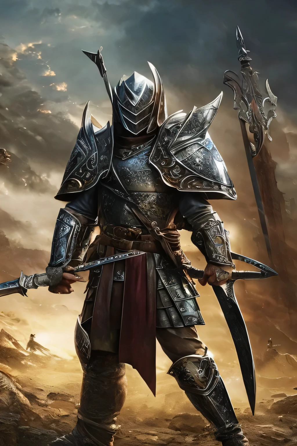 Warrior with draconian armor, medieval fantasy style combined with modern and sophisticated aspects, intricate details, ultra-realism, epic combat poses, with weapons such as swords, shields and spears wielded. Mountainous and isolated environments, closed weather like wars, details of worn armaments and armor, warrior with a half-wounded and breathless appearance.