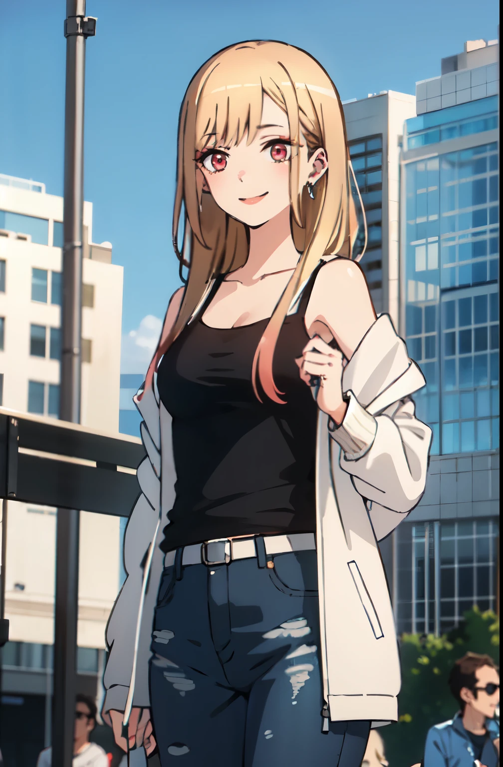 highest quality, (masterpiece:1.2), become close,
Kitagawa Marine SB,
1 girl, alone, Shut your mouth., smile, Lips Long hair, Blonde Hair, Red eyes, Colorful Hair, Earrings,
Are standing, Looking at the audience、city、White tank top、jeans、(Laser Jacket)