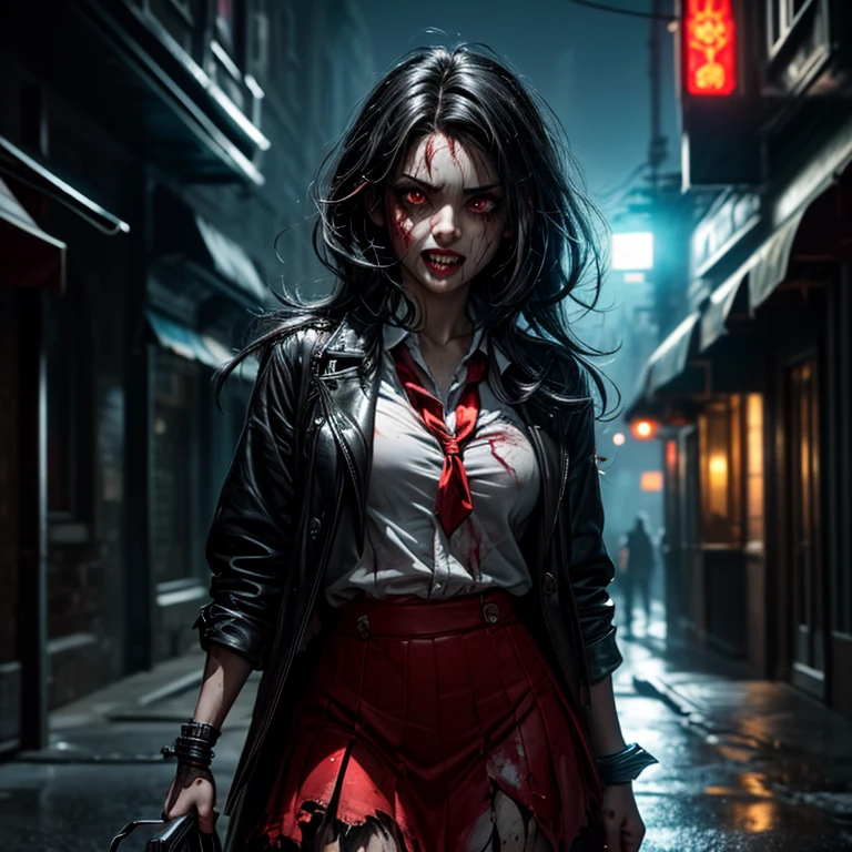 (Extremely detailed CG unity 8k wallpaper),(masterpiece), (best quality), (Extremely detailed), (Best Illustration Award),(The best shadow), 一个美丽的吸Blood鬼 ,(Sharp eyeliner, Eyeshadow, Exquisite eyes:1.1),(Black trench coat), Long hair, Red Eyes, (Fangs), Blood,, In a dark environment.