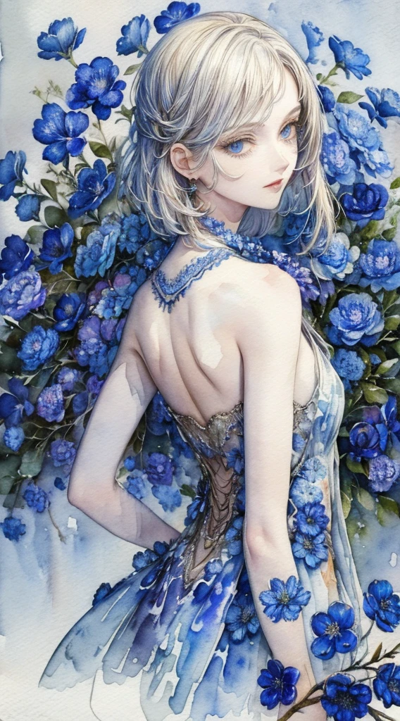 (​masterpiece),(top-quality:1.2),(perfect anatomy),1 girl,(watercolor paiting:1.4),(handdraw:1.2),(Watercolor brush hair),Show your back,Painterly,Paper texture,high resolution,extra detailed facebeautiful detailed blue eyes,soft tones,flat-colors,highcontrast,bokeh,film lighting,a beautuful female,silver hair,a little bit smile,blue flowers in background,lots of blue flowers