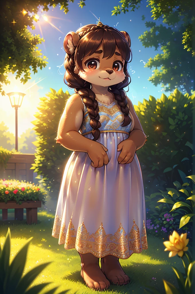 Bokeh , 1 hairy mature otter girl , Short stature , curvy , hige , realistic hairy fur , Round face, swollen cheeks, moist round eyes , (crown braid hair) , (relax see-through summer dress:0.9) , in the grass garden , sunlight , (flare:1.2) , (body line is visible:1.2), (Accurate light transmission calculations:1.5) , model action