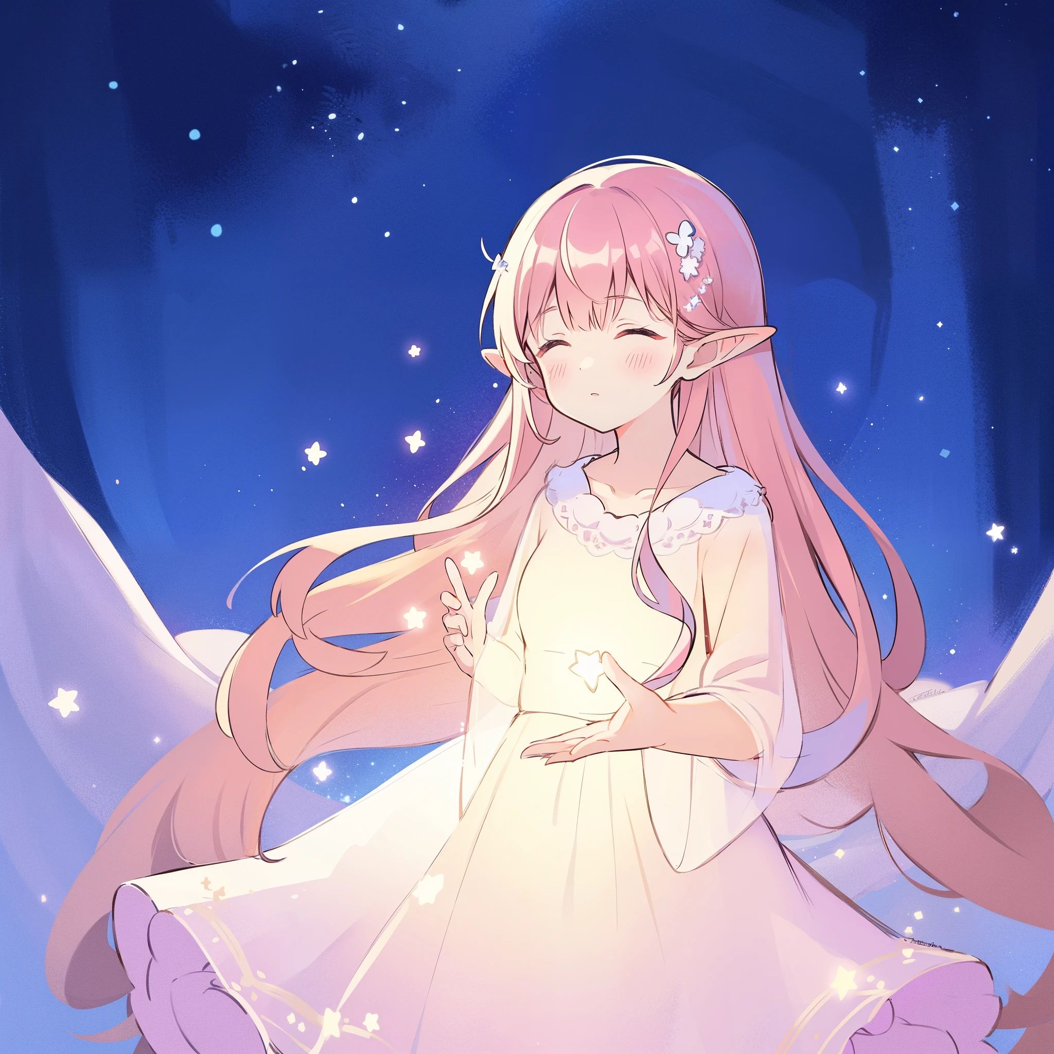 complex background, wishing star background, a woman wearing an ethereal mystical pink translucent dress that reflects the stars, dreamy, peaceful, serene composition, glowing stars, glowing, complex drawing, highly detailed, ethereal, starry night, midjourney style