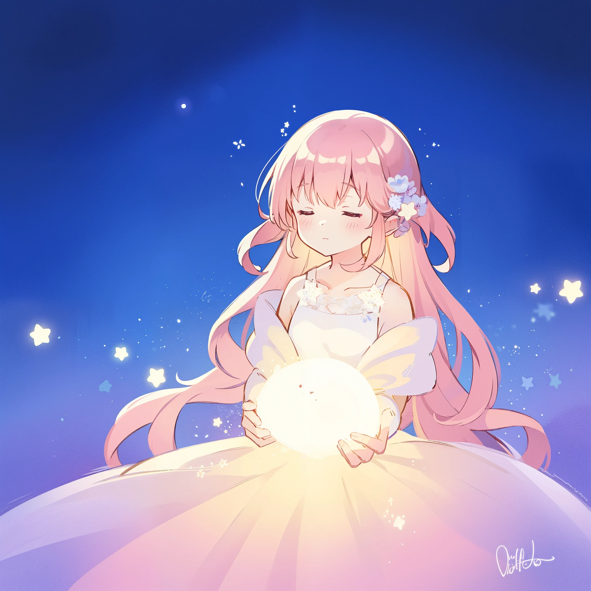 complex background, wishing star background, a woman wearing an ethereal mystical pink translucent dress that reflects the stars, dreamy, peaceful, serene composition, glowing stars, glowing, complex drawing, highly detailed, ethereal, starry night, midjourney style