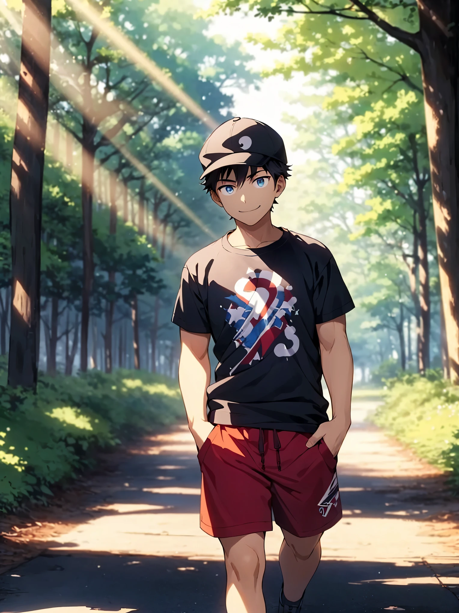 1 boy,smile,cap,t-shirt,Roadside trees,sunlight filtering through the trees,beautiful light,(detailed eyes),detailed skin,(masterpiece,best quality:1.4),Top Quality,High quality,Ultra detailed,insanely detailed,anime style