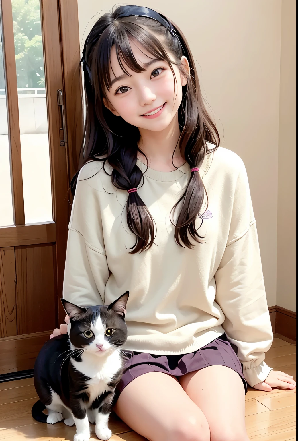 (((Smiling girl playing with a cat)))、A free-spirited cat and an elegant girl、pretty girl、Twin tails、、Black Hair、Hair Scrunchie、、、Small Nose、Fuller lips、carefully drawn hair、Fine grain、Playing with cats at home:1.2、Sorry Cat:1.5、A girl who wants to be taken care of、Calico cat and girl in a mini skirt:1.3、A very young smiling 10-year-old、 the face of a very young 、Natural light, (Very detailed, Intricate details), Sharp focus, Calm colors, 8k, Confused, 8mm film grain