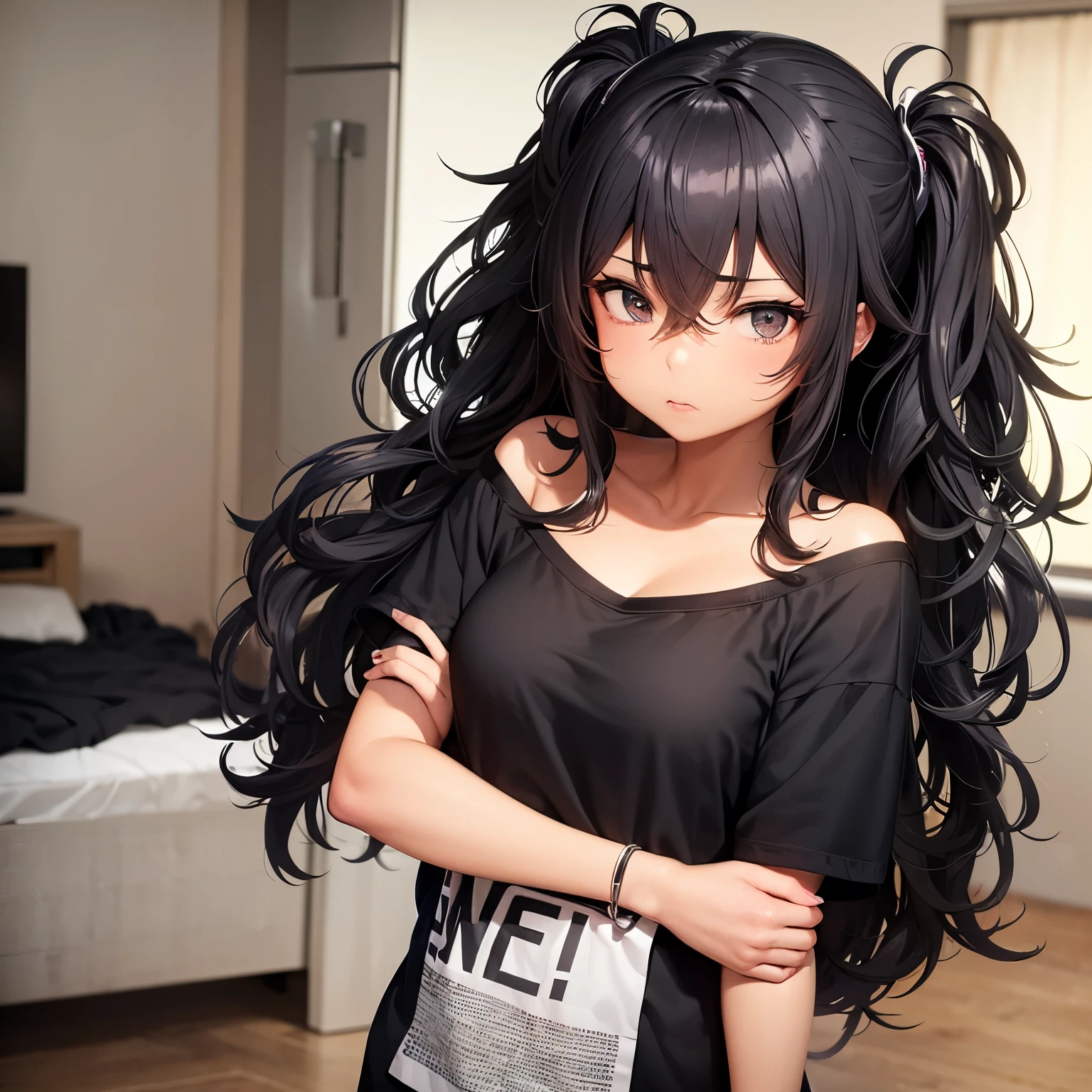 A female with black skin and long black curly hair tied back and grey lazy eyes and is wearing a Black T-shirt that is hanging off her shoulders and messy hair and is in a room. Anime style
