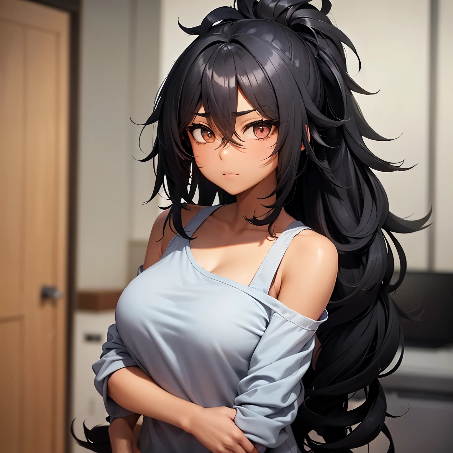 A female with black skin and long black curly hair tied back and grey lazy eyes and is wearing a Black T-shirt that is hanging off her shoulders and messy hair and is in a room. Anime style