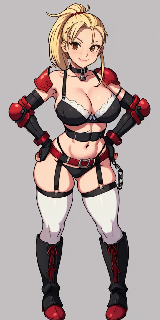 (Masterpiece, 4k, plain background:1.2) Female Cammy White Street Fighter red gloves gauntlets full body standing straight symmetrical feet together looking to the viewer RED full body armored, 2 crossing big belt under belly button, navel, abs, garter straps belts attaching bra big knockers, view from below, wide hips, thick thighs legs apart from below depth range, smile red cheeks, long messy hair ponytail, (handcuffs, shackles, rerebrace, faulds, poleyn, leather collar choker, high boots bootstraps, sleeves, stockings) ((hands on hips))