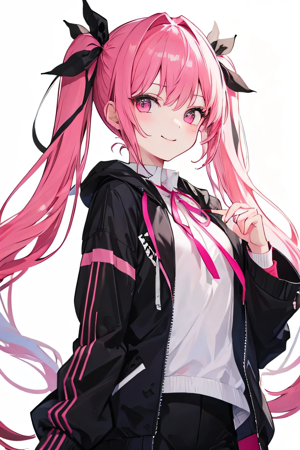 Girl Pink Hair Twin tails ribbon Black jacket upright White background smile