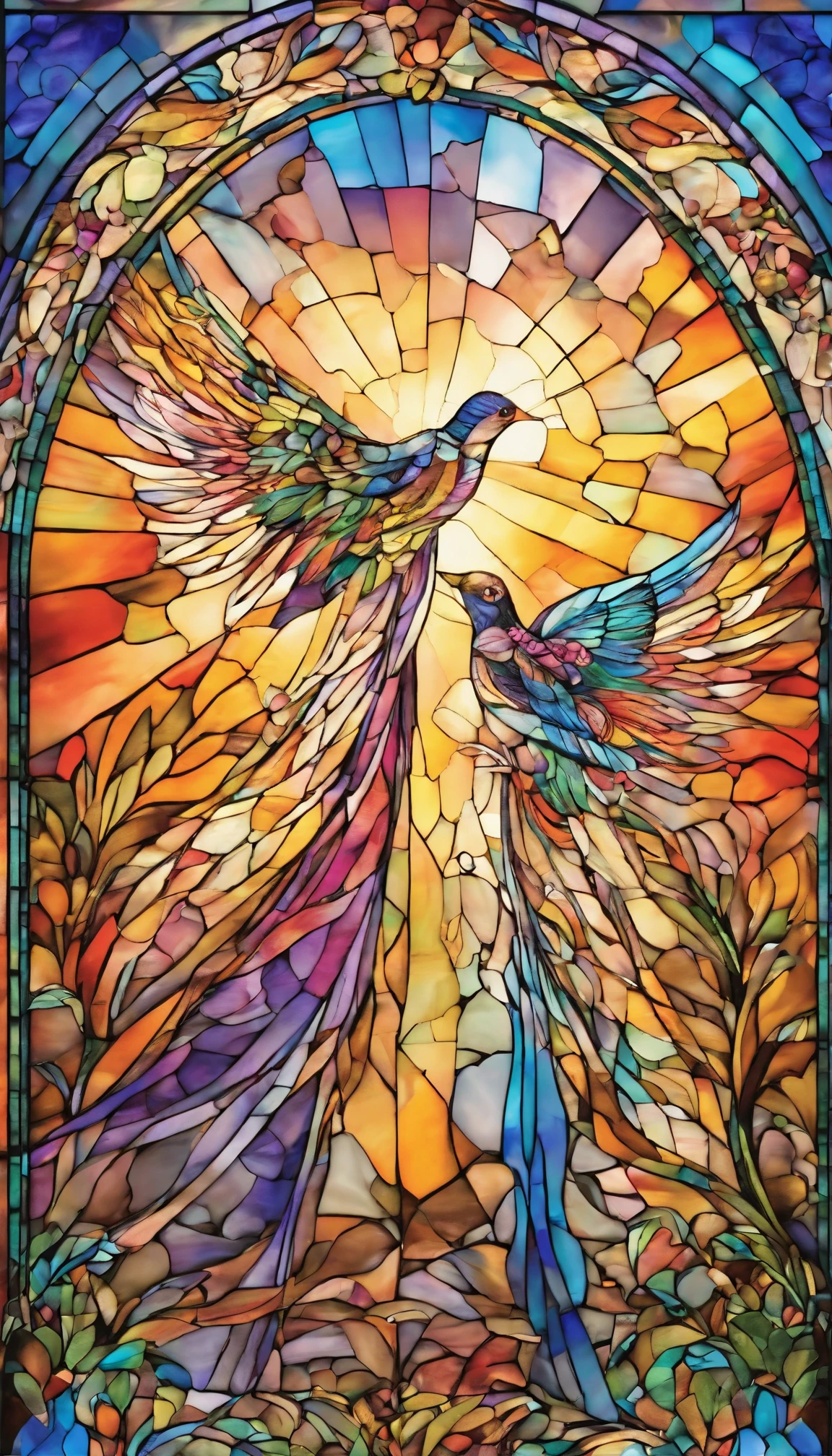 All expressed with jewels, the arrival of spring,,beautiful rainbow Couple's bird,beautiful goddess
, angles looking up from below, various jewels falling from the sky, wonderful and beautiful superb view, fantastic, high resolution, 8K, (best quality, highres, realistic:1.37), reflective surfaces, vibrant colors, intricate details, close-up view, surreal garden, surreal beauty, dreamy atmosphere, fine art, abstract botanicals, metallic sculpture, contrasting textures, ethereal glow