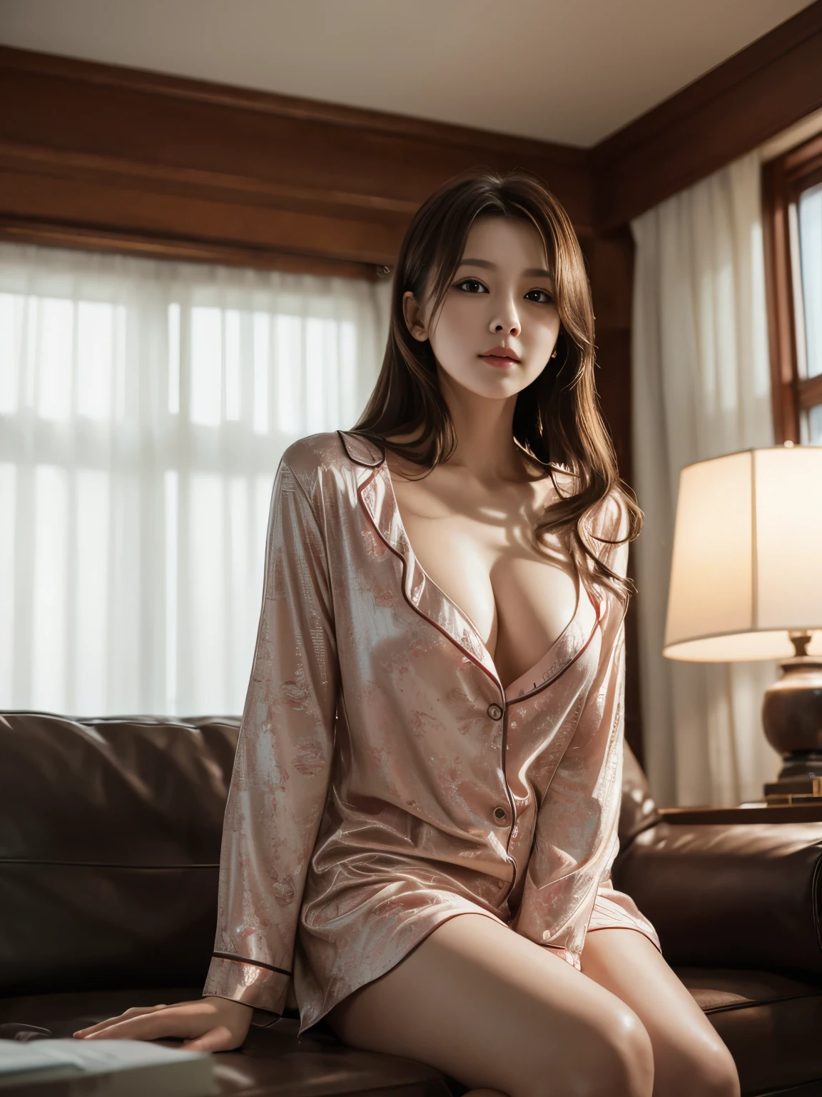 masterpiece,highest quality,Highest Resolution:1.2 Hyperrealistic:1.5,8K Raw Photo:1.5、Realistic, A girl,Wearing sexy pajamas、Perfect body,lure,Coquettish、Study Room,sofa、Random fascinating movements,To the camera,Imaginative、((First Love))、Soft Light,Lens flare,Cinematic,Depth of written boundary、