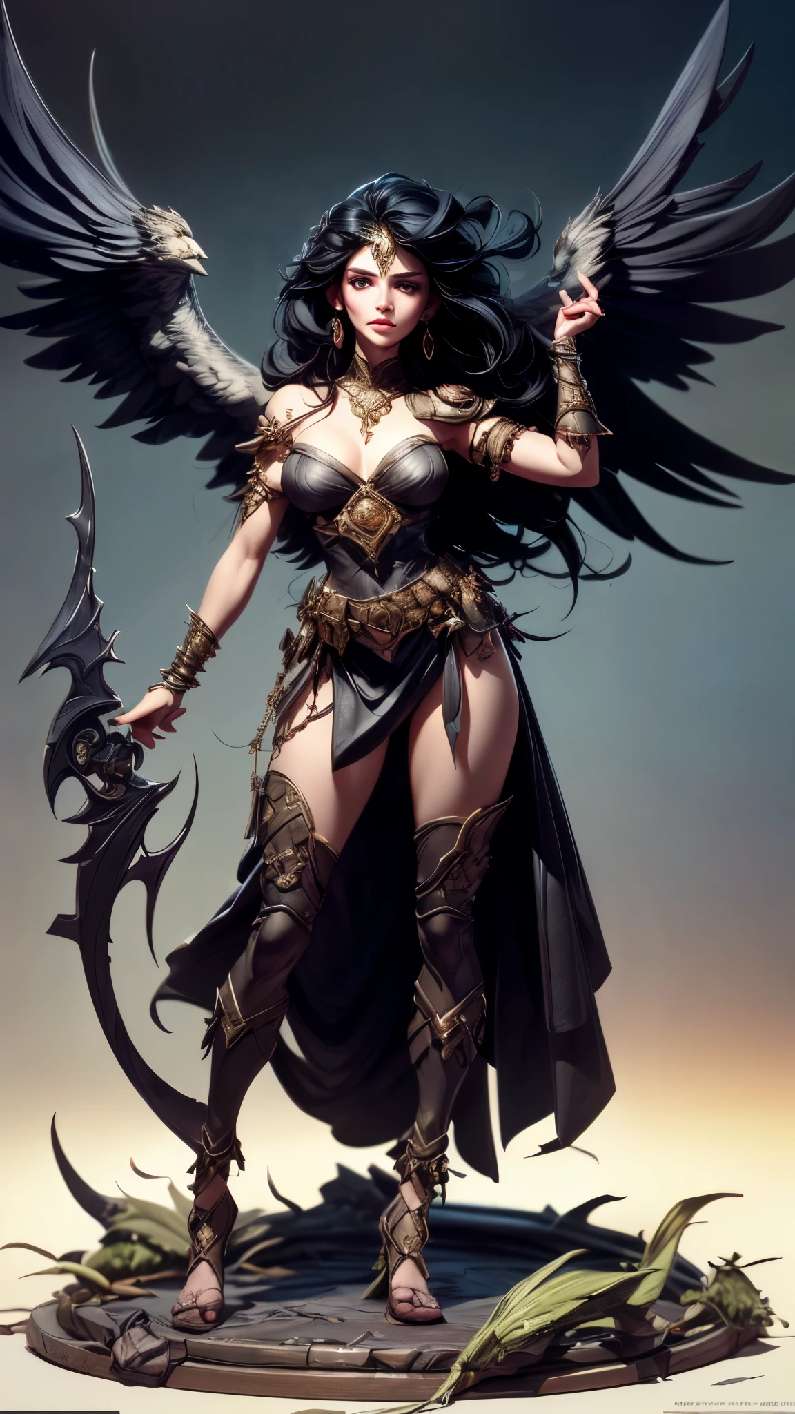 (best quality,4k,8k,highres,masterpiece:1.2),ultra-detailed, Irish Goddess the Morrigan, 3v4gr33n, raven black hair, cold dark eyes, standing on a celtic battlefield, sky filled with ravens, corpses on the ground, drawn in the style of Yoshitaka Amano, HDR, 8k, absurdres, cinestill 800, sharp focus, add_detail:2,  Ultra HD | | | ((Fullbody-shot)) add_detail:2 (1woman, solo)