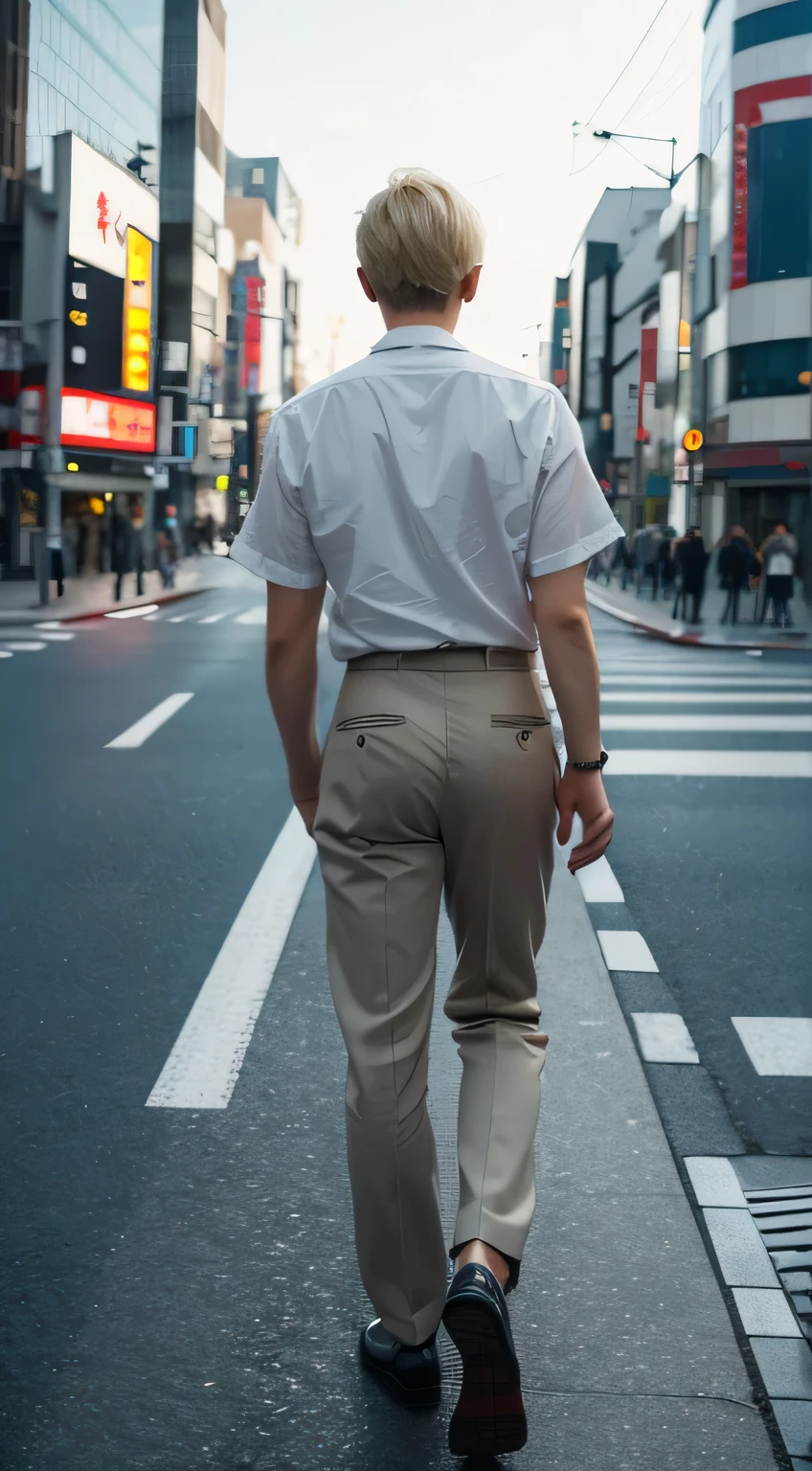 1man, handome man with blonde short hair, walking on road, tokyo city, man from back, back view, 8K, high res, ultra detail, masterpiece.