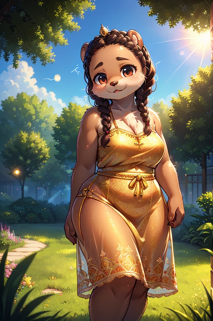 Bokeh , 1 hairy mature otter girl , Short stature , curvy , hige , realistic hairy fur , Round face, swollen cheeks, moist round eyes , (crown braid hair) , (relax see-through summer dress:0.9) , in the grass garden , sunlight , (flare:1.2) , (body line is visible:1.2), (Accurate light transmission calculations:1.5) , model action