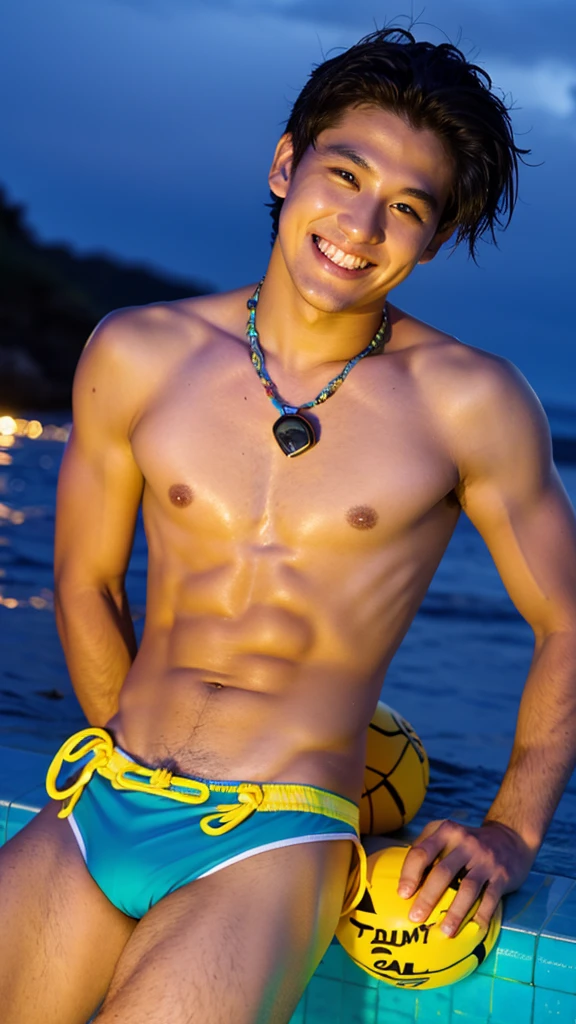 male　Age 21 Lifesaver swimwear smiling hawaii  at night