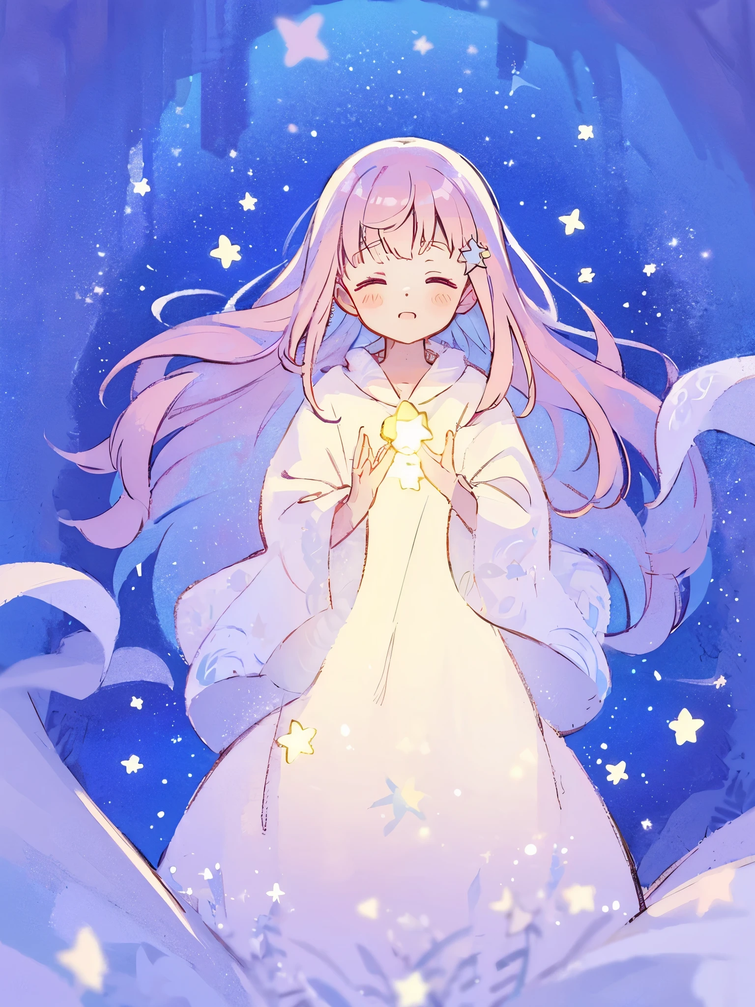 wishing star background, woman surrounded by flowing translucent fabric that reflects the stars, woman holding a glowing star in her hands, magical, complex drawing, highly detailed, ethereal, starry night, midjourney style
