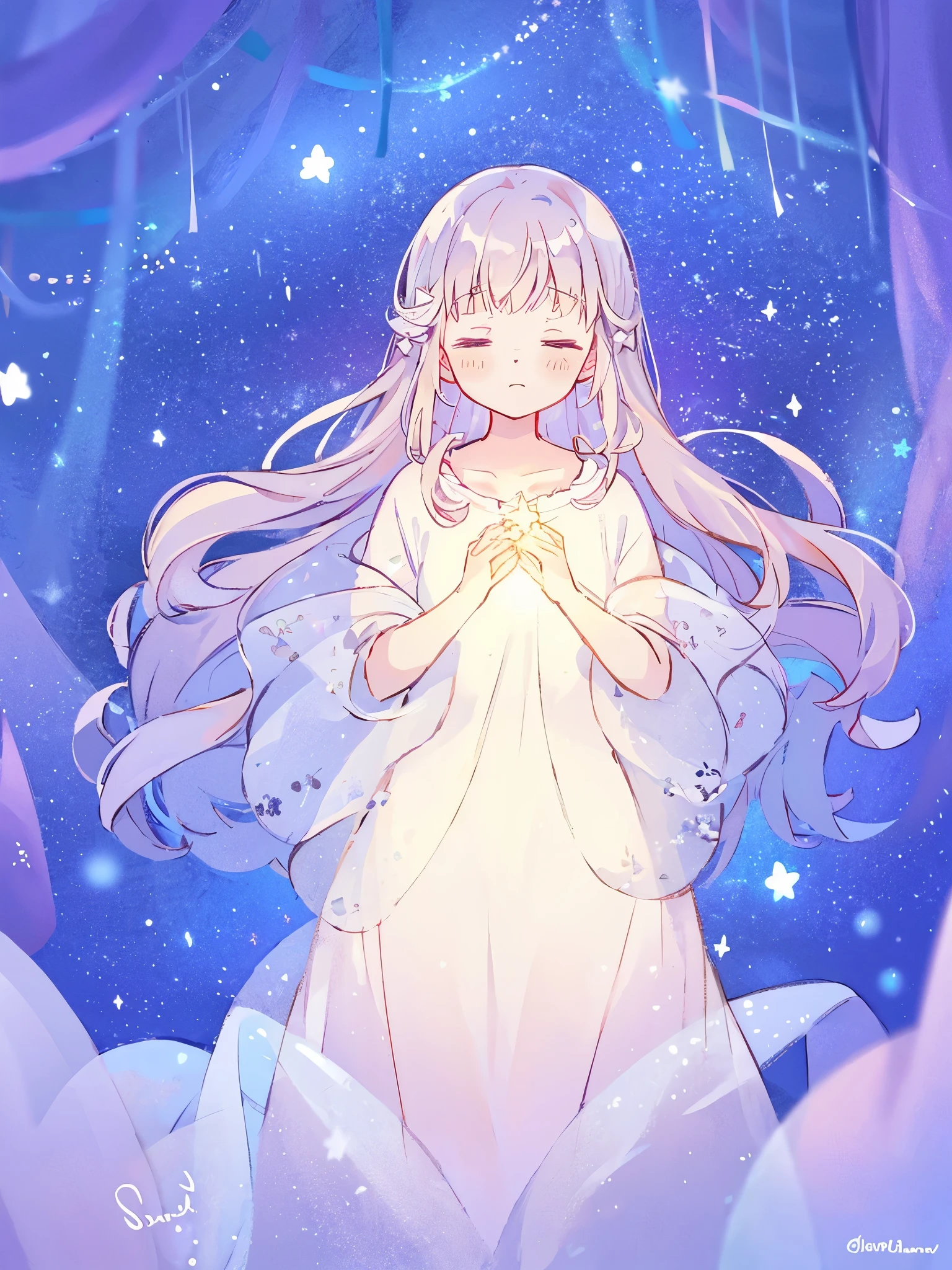 wishing star background, woman surrounded by flowing translucent fabric that reflects the stars, woman holding a glowing star in her hands, magical, complex drawing, highly detailed, ethereal, starry night, midjourney style