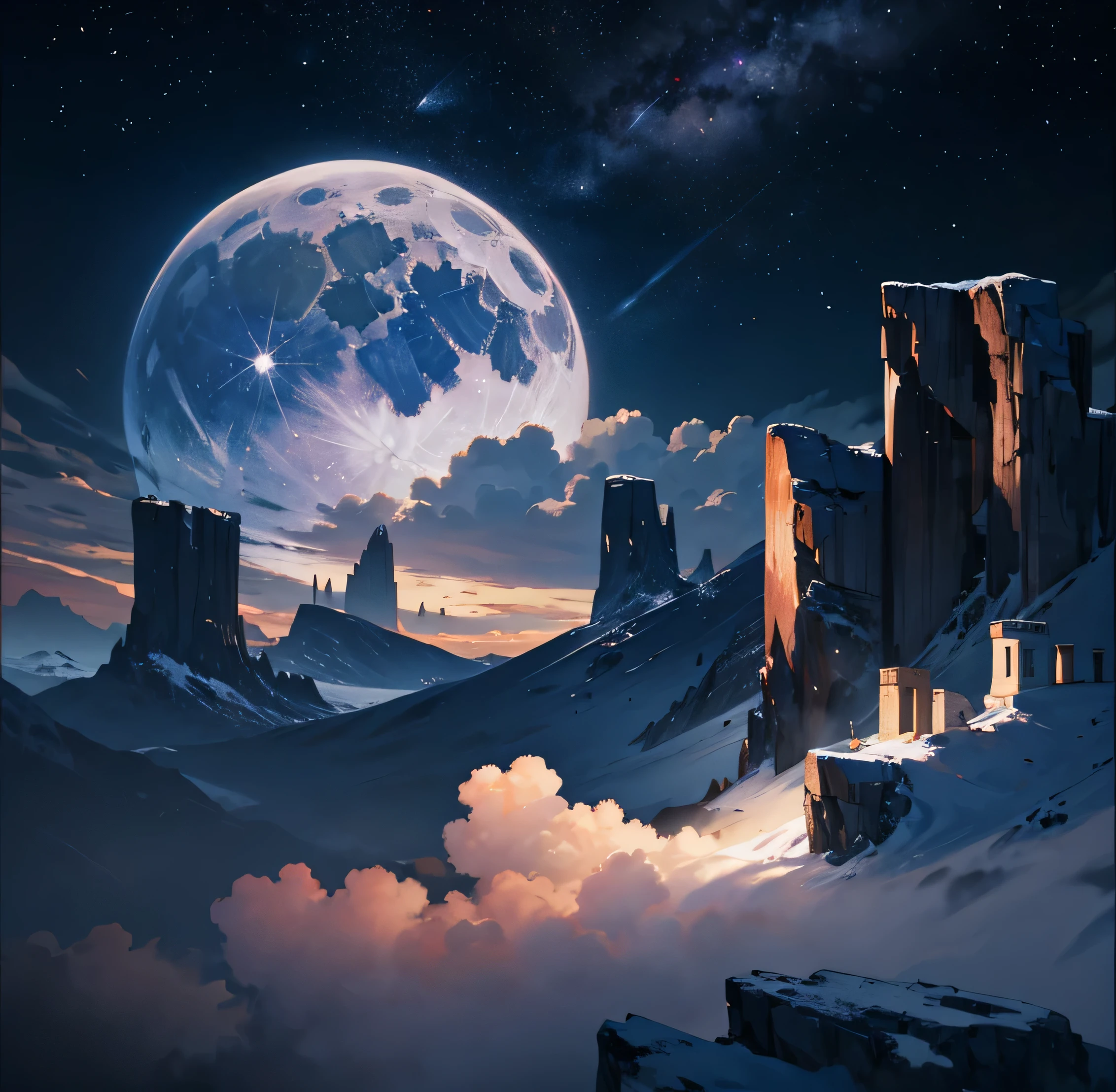 Vast landscape photography,(full moon:1.2),(meteor:0.9),(Star Cloud:1.3),(Warm light source:1.2),(Glow worms:1.2),The lamp lights up,Lots of purple and orange,Complex details,Volumetric Lighting,Realism Break(masterpiece:1.2),(highest quality),8k,Super detailed,(Dynamic configuration:1.4),Very detailed,Colorful details,(Iridescent colors:1.2),(Bright lighting,Atmospheric lighting),dream Magic,Magic,(solo:1.2),((highest quality)), ((masterpiece)), (detailed:1.4),Depth of written boundary、Maximum resolution、Sharpness,Perfect Proportions,Fluttering Clouds,wallpaper