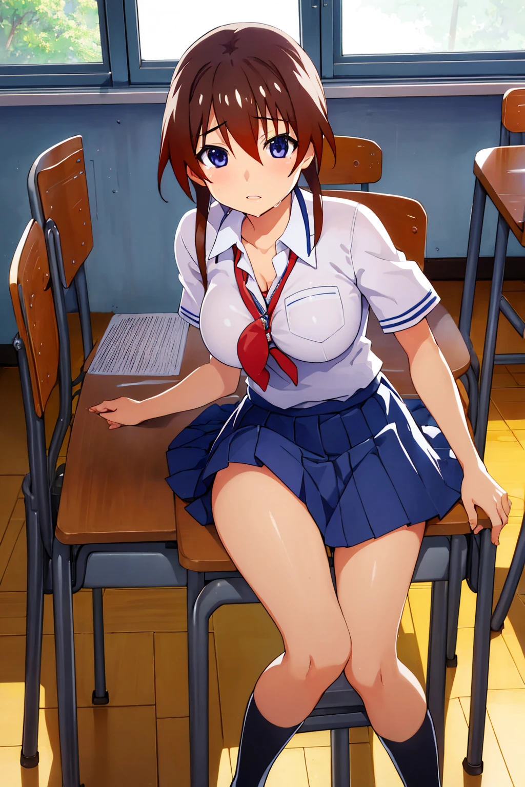 When They Cry Keiichi Maebara big breasts breast enlargement breasts pumped up school uniform student skirt full-body shot A seat in the classroom looking at the scenery illustration, ultra-detailed, HDR, vibrant colors, soft lighting