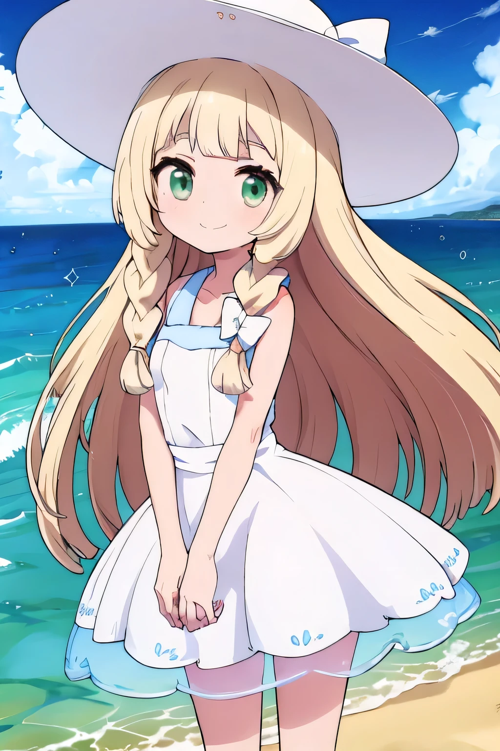 A girl with long hair with yellow heart-shaped bows forward with a fairly large white hat on her head with her hands clasped forward with both looking towards the viewer with a smile y detrás de ella de fondo una playa de día