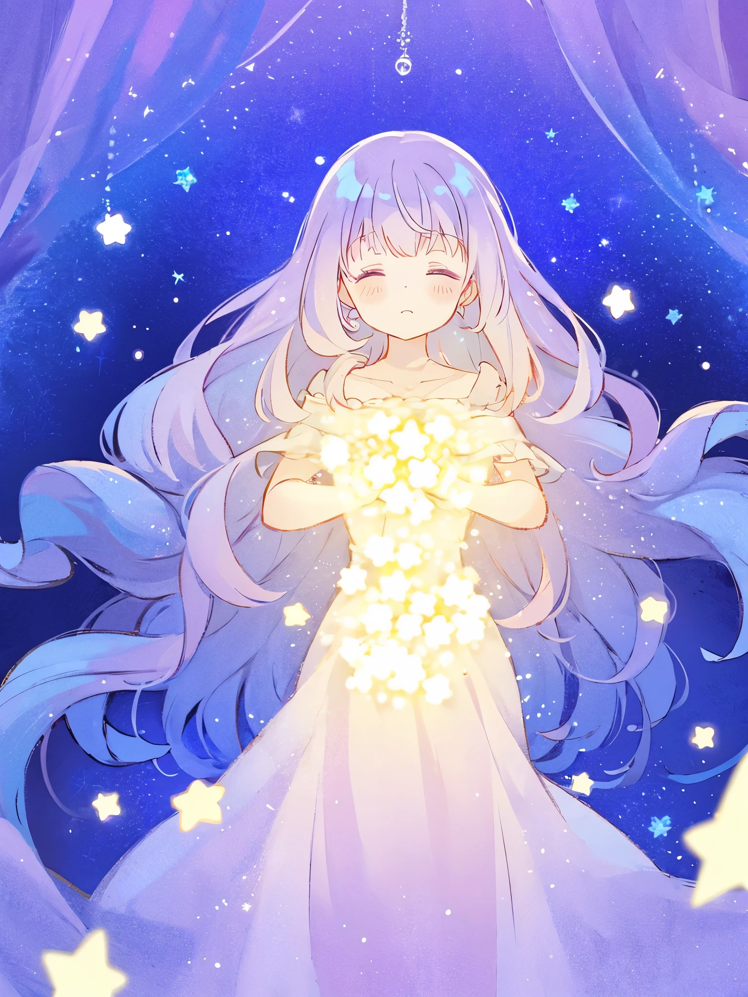 wishing star background, woman surrounded by flowing translucent fabric that reflects the stars, woman holding a glowing star in her hands, magical, complex drawing, highly detailed, ethereal, starry night, midjourney style