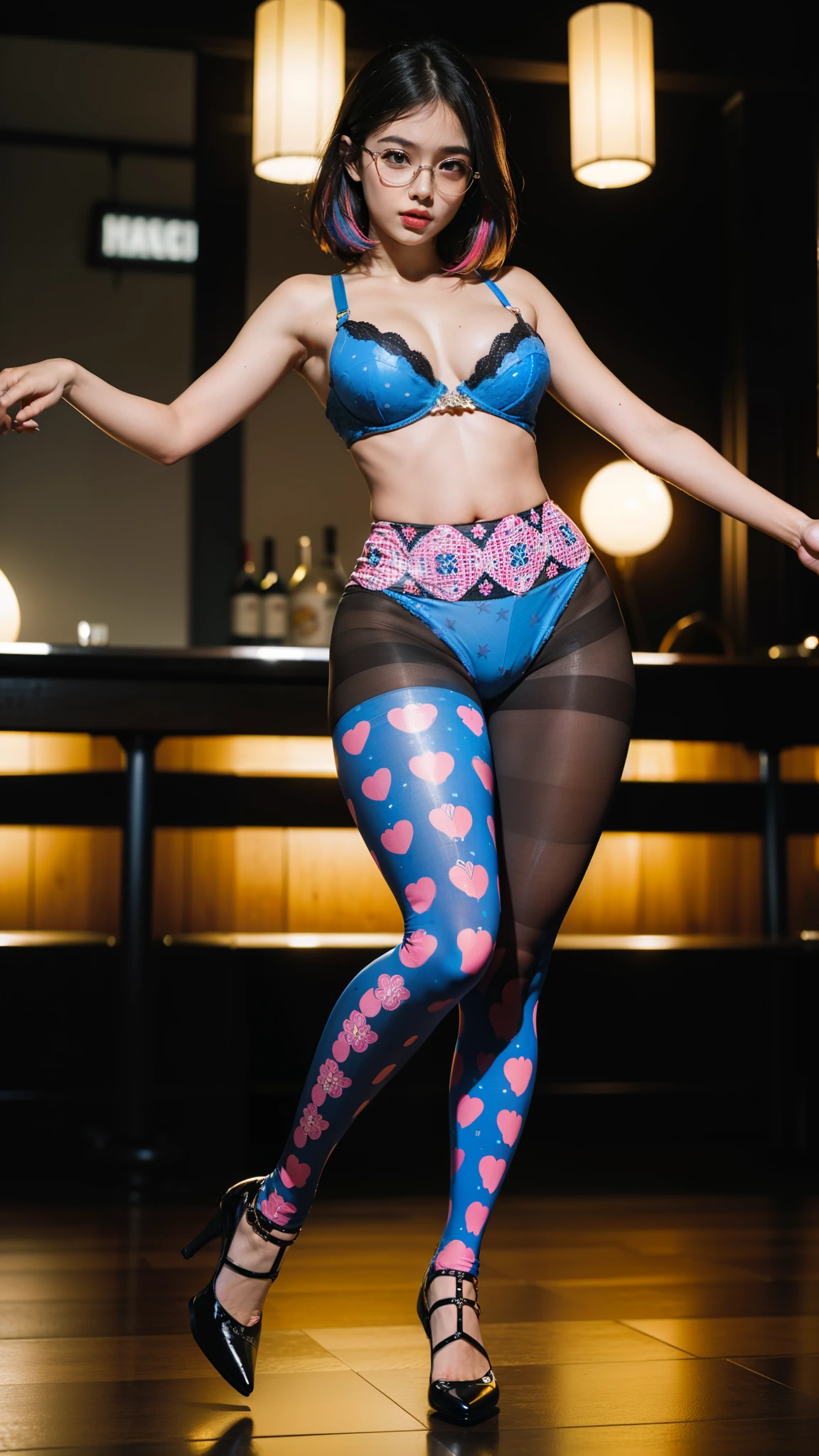 ,(full body:1.5)，(((only one girl)):1.4),(view the viewer:1.4)，((anatomy correct):1.45),(((dancing in the night club, Perfectly integrated background))):1.3),(she wears large glasses and Holding bra & pantie in her hand:1.2),(shy:1.15)，((stocking set):1.2),(((((((patterns)))))) ,((thick pantyhose)):1.3),(high heels leather shoe:1.1)，((Long legs and large chest):1.3),((((colorful))):1.4),(Accurate and perfect face:1.3),((black short hair):1.2)，hyper HD, Ray traching, reflective light， structurally correct, Award-Awarded, high detail, lighten shade contrast, Face lighting ，cinematic lighting, masterpiece, super detailing, high quality, high detail, best quality, 16k，High contrast,