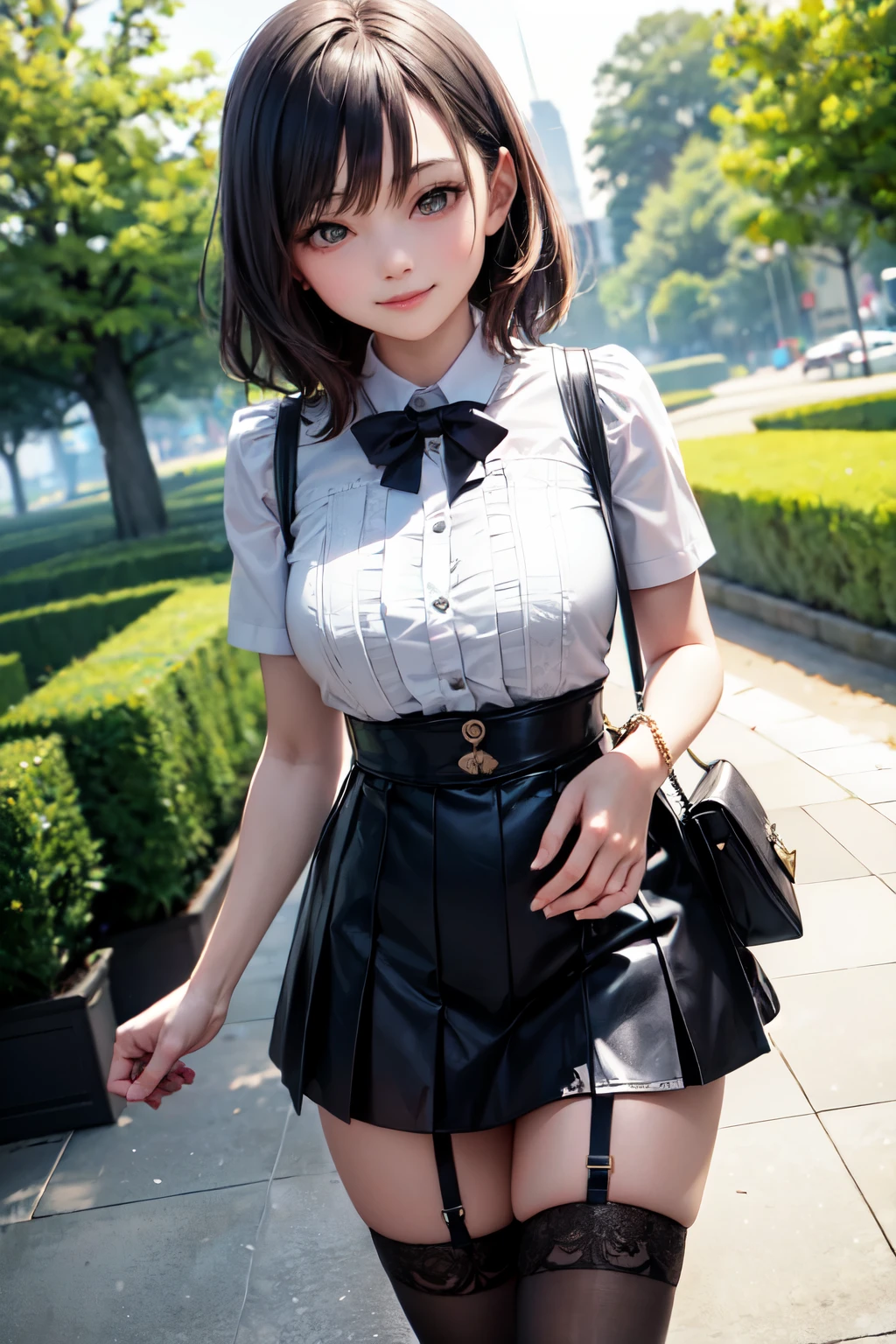 very cute and beautiful girl,(highly detailed beautiful face and eyes),
standing,park garden,frilled white blouse,short sleeve,pleated black mini skirt,black thigh high stockings,
(smile:1.2),looking at viewer,holding bag,black hair,
(best quality,masterpiece),absurdres,highres,ultra-detailed,extremely detailed,32k,8k resolution,
intricate details,cinematic scene,detailed background,solo,dynamic angle,