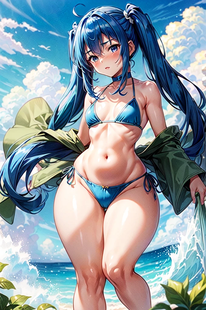 Beautiful Wendy Marvell with (very wide hips:1.5) (small waist:1.3) in small blue bikini (1.3), blue hair in pigtails, (thick thighs:1.25)