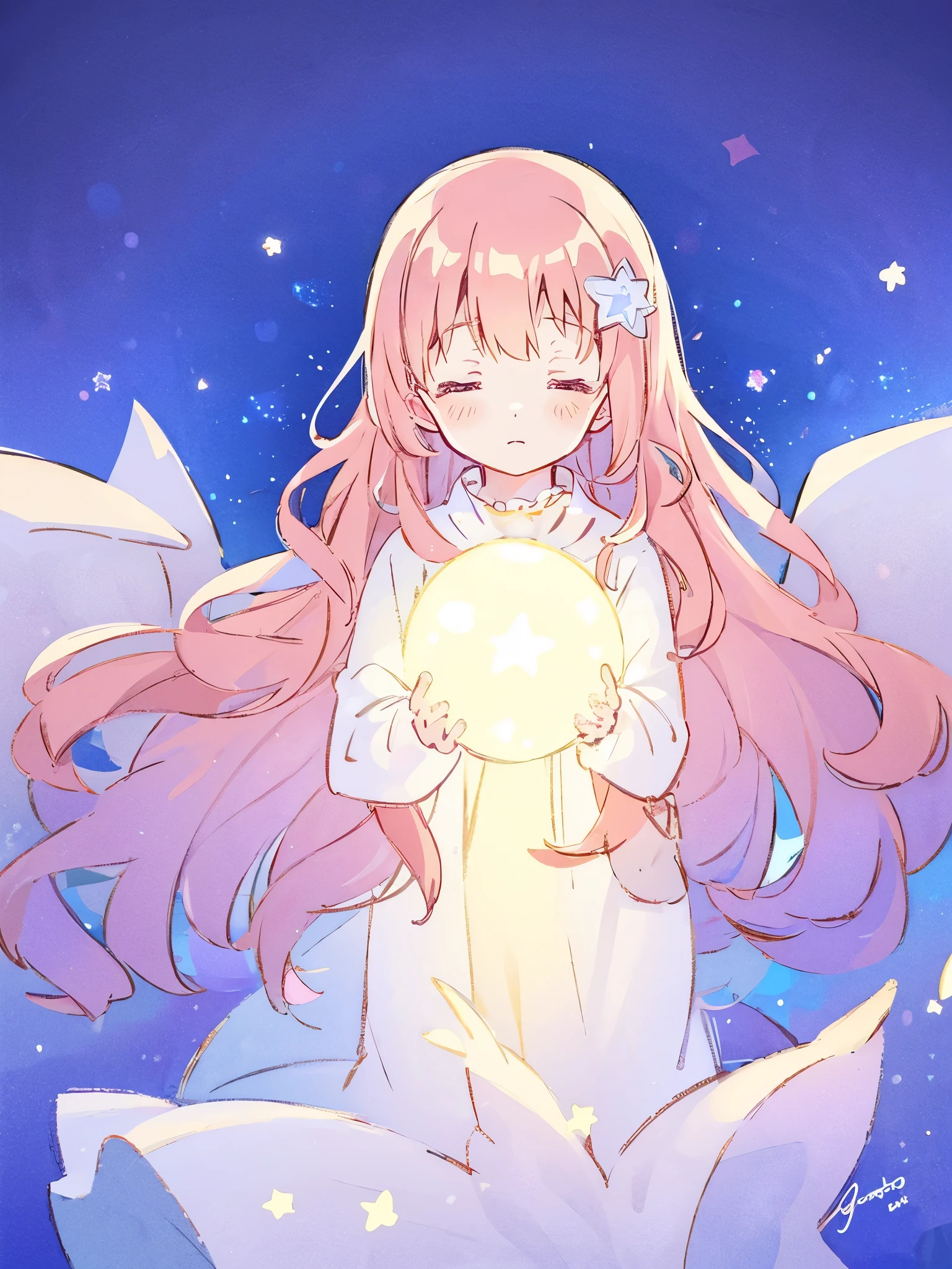 wishing star background, woman surrounded by flowing translucent fabric that reflects the stars, woman holding a glowing star in her hands, magical, complex drawing, highly detailed, ethereal, starry night, midjourney style