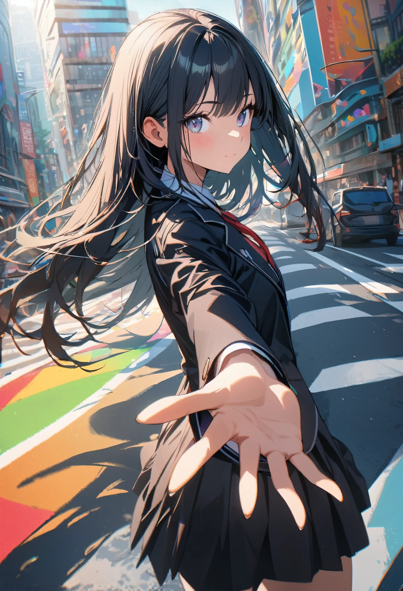 1girl, black long straight hair, sharp hair, reaching out a hand to viewer, facial profile, looking back, skirt, blazer, in the city, on the road, noon, bright, colorful, high-res, super delicate, ultra detailed, 8k