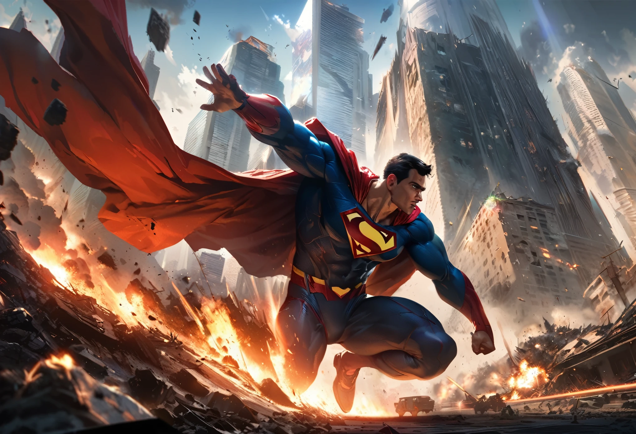 (a)superman,flying,save the day,city,hero,rescue,superpower,strong,bold,bright colors,
(b)robot,attacking,downtown,destruction,chaos,sci-fi,futuristic,dangerous,metallic,explosions
(c)best quality,ultra-detailed,realistic,spectacular,highres,HDR,professional lighting
(d)portrait,landscape,concept artists,comic book style
(e)vibrant colors,contrast,shadows,highlights
(f)dramatic lighting,backlighting,strong shadows,spotlights