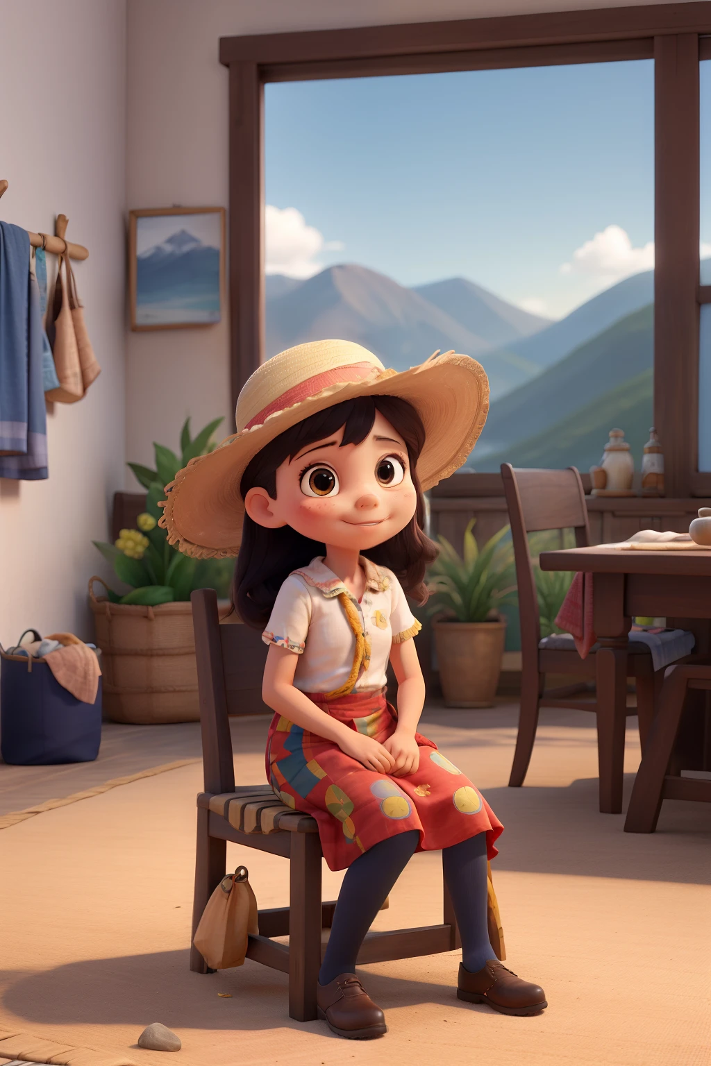 7-year-old Bolivian girl with a Bolivian skirt of various colors and a straw hat, sentada en su silla de su casa, making cloth market bags on your table with fabric of various colors with a background of a clean meadow and mountains, animated graphic style