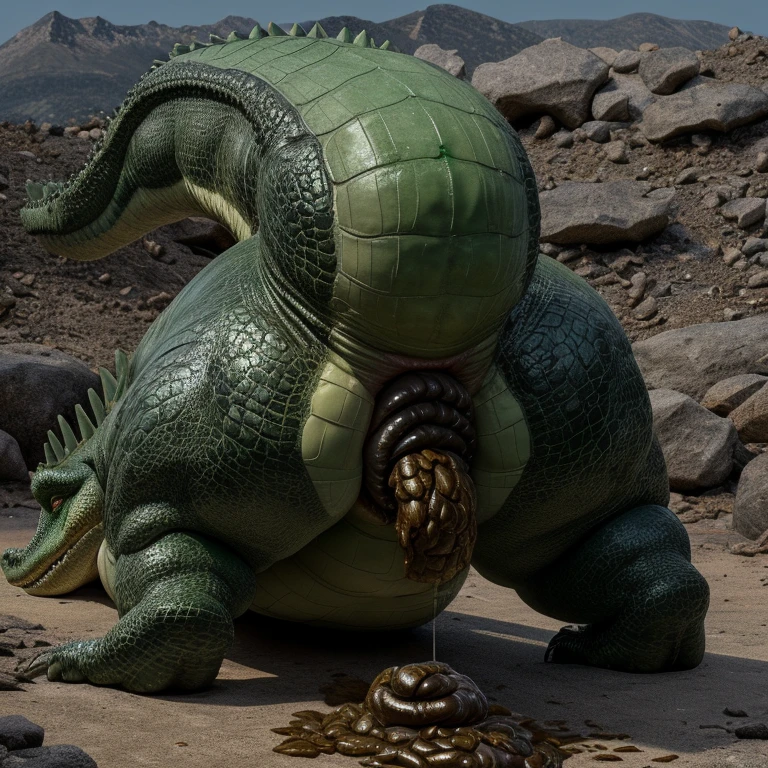 ((((A very obese emerald-colored crocodile, Emerald scales, Buttocks up, A lot of poop, Backward composition, feral, on all fours, tail up, anal scat leaking)))), Wild ferocious crocodile, Spiky scales all over the body, A glittering silver mane, Very short legs, Backward body, A body covered with a lot of fat, A belly so obese it covers the ground, Fat gap, Abdomen swollen enough to touch the ground, A huge, mountain-like swollen abdomen, Abnormally fat arms, Overweight and flabby legs, A body that seems to be crushed by a huge abdomen, A body that fills the screen, Rubble background, All fours pose, Wet scales all over the body, Soaking wet, ((((feral, three-quarter rear view))))