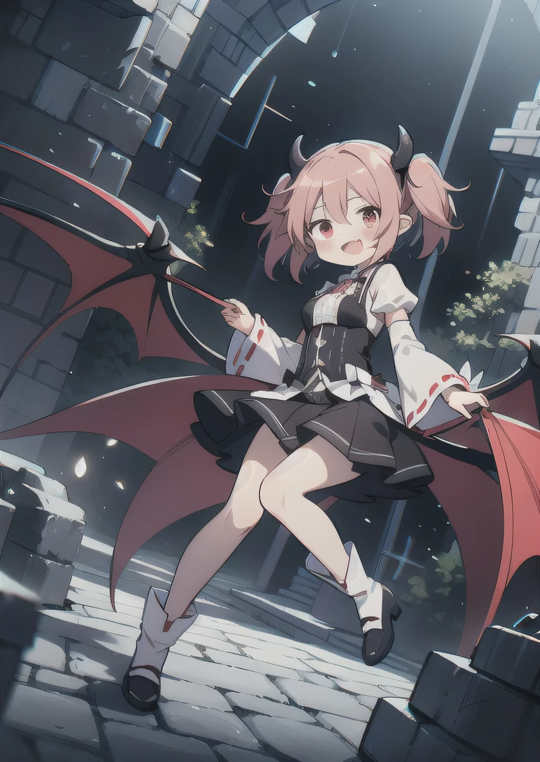 8K, 1girl, petit, adult, kawaii vampire, crimson hair, short hair, red eyes, fang, bat wings, smile, (blush), (shy), pointed ears, looking at viewer, dynamic angle, wind, game cg, fantastic scenery, demon tail, thin tail, black horns, medium breast, show full body, magical girl, dungeons, summon, magic, madoka magica