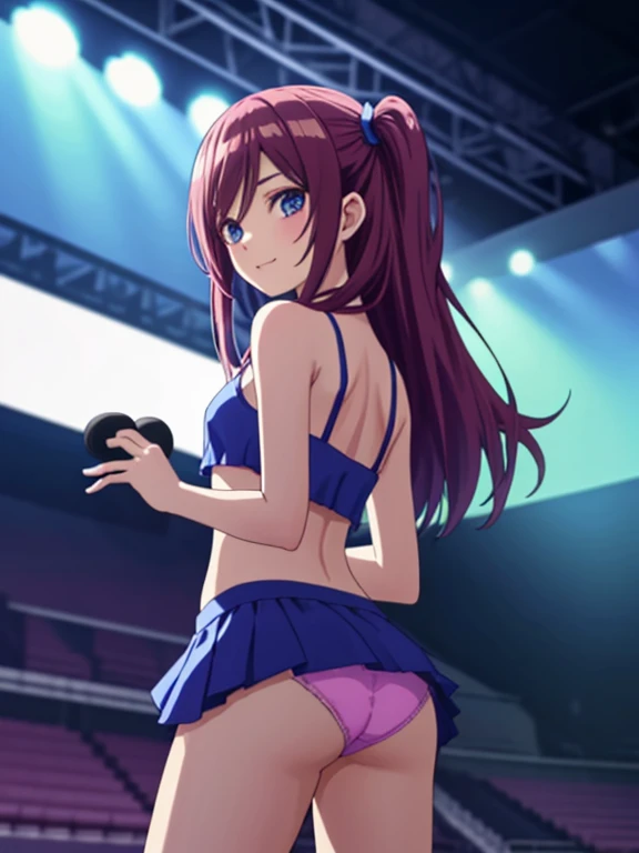 masterpiece, best quality, ultra detailed, 1girl, cute, microphone, realistic, underwear, (panties:1.5), Idol, standing, looking at viewer, (looking back:1.3), ( from behind:1.4), white tanktop,on stage, indoor, in public, (flat chest:1.3), straight hair, (two side up:1.2), blue eyes, smile, solo, Idol dress, holding microphone, upskirt, cowboy shot