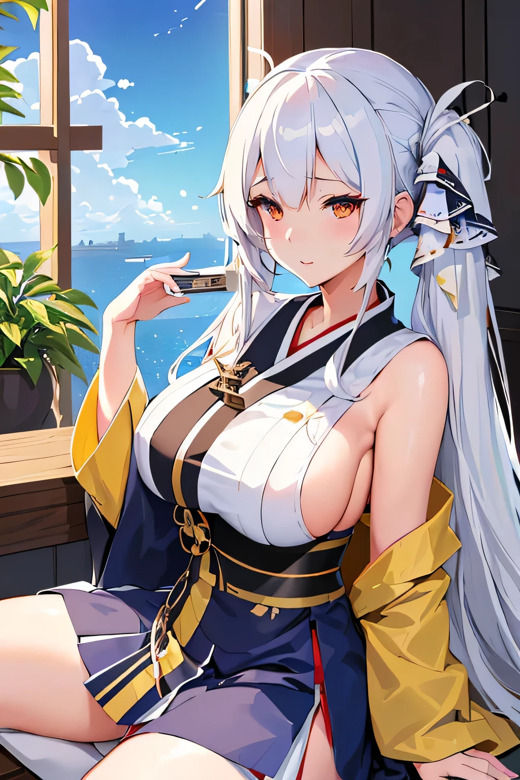 Anime girl with long white hair sitting on a window sill, Kantai Collection Style, Azur Lane Style, shikamimi, White-haired God, From the Azur Lane video game, Official Art, Enchanting anime girl, Official Artwork, ueshiba riichi, From Girls Frontline, In kimono, marin kitagawa fanart, tits, Smooth anime CG art